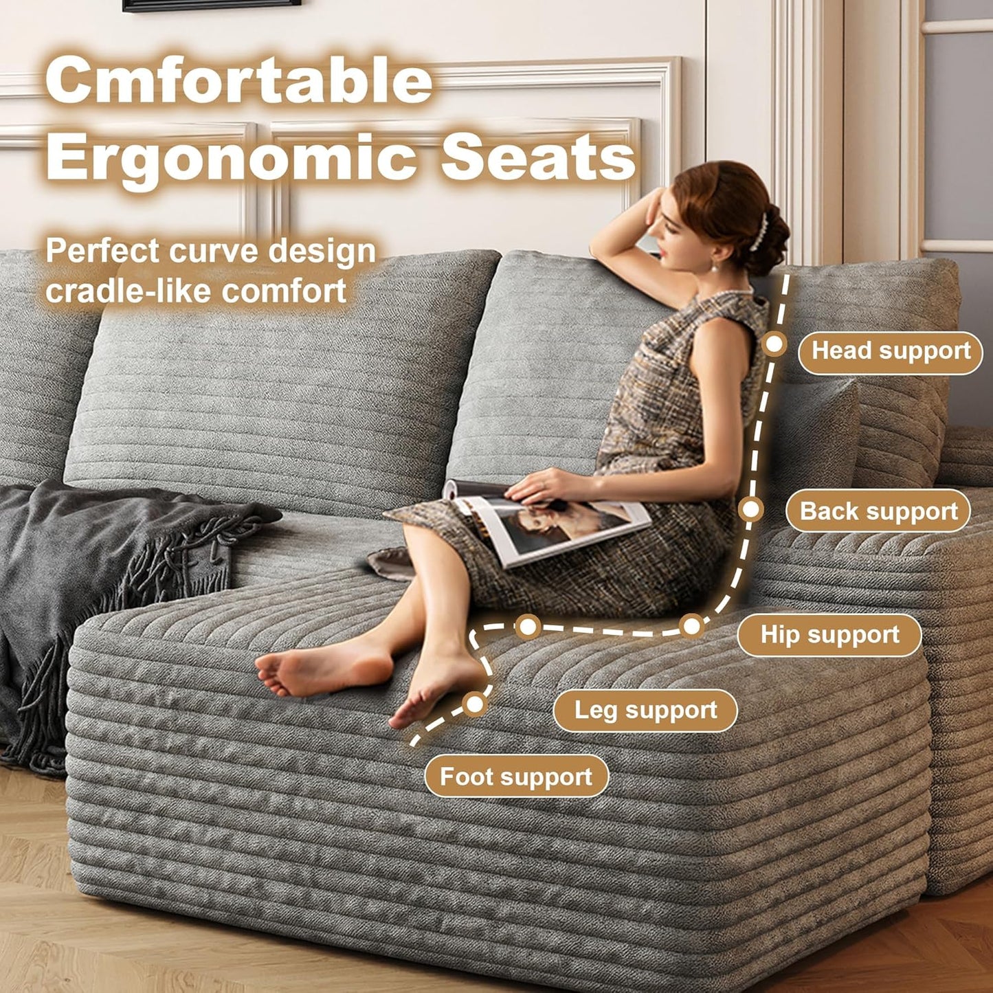 108" Sectional Couches for Living Room Modern Modular Sofa with L-Shape Couchs Upholstered Boneless Couch Deep Seat Sectional Couch with Chaise (Grey, Left Facing Chaise+2Seaters+1Ottoman)