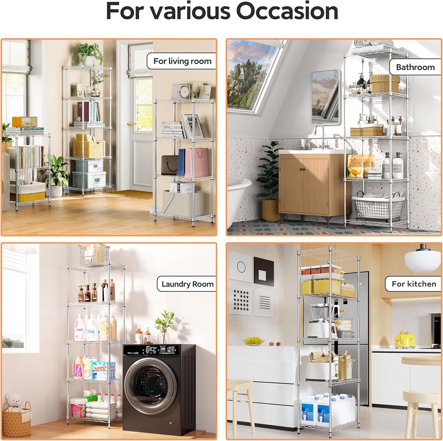 5 Tiers Shelf Metal Storage Shelves Wire Rack Closet Organizers with Wheel for Garage Kitchen Bathroom Laundry Chrome 11.8" D x 17.7" W x 55" H