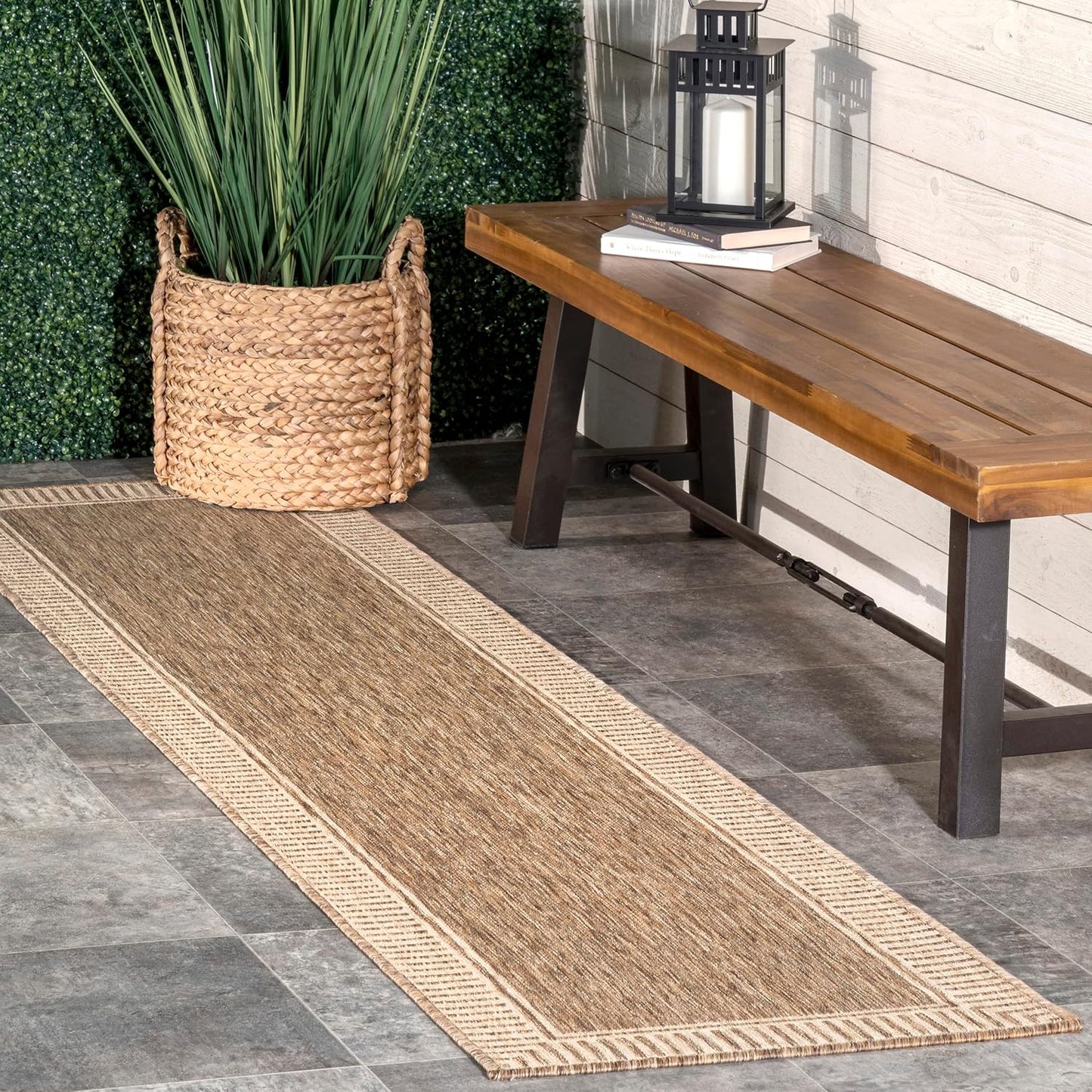 nuLOOM 2x8 Outdoor/Indoor Asha Area Rug, Light Brown, Casual Design With Striped Border, Stain Resistant, Highly Durable, For Patio, Balcony, Bedroom, Living Room, Dining Room, Bathroom
