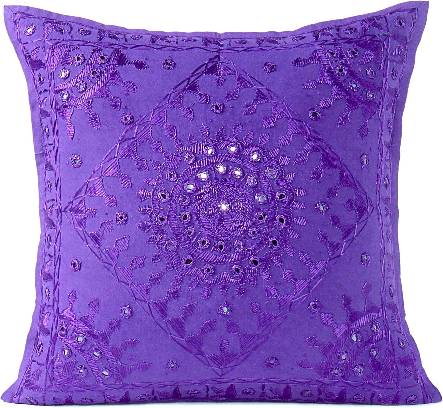 Eyes of India Embroidered Decorative Boho Throw Pillow Cover with Mirrors, Handmade Bohemian Accent Cushion Case for Sofa Couch Bedroom Living Room (Purple, 24" x 24")