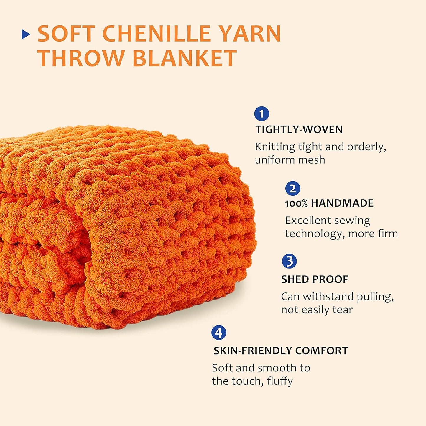 L'AGRATY Chunky Knit Blanket Throw: 72''x84'' Chenille Chunky Knitted Throw Blanket for Bed Couch - Handmade Thick Big Cable Knit Blanket - Large Chunky Crochet Rope Blanket for Home Decor(Orange)