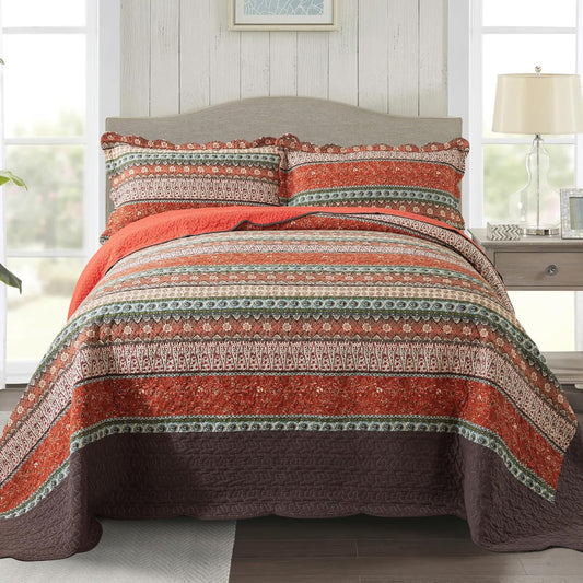 NEWLAKE Cotton Bedspread Quilt Sets - Reversible Patchwork Coverlet Set, Red Striped Jacquard Pattern, Oversized King Size