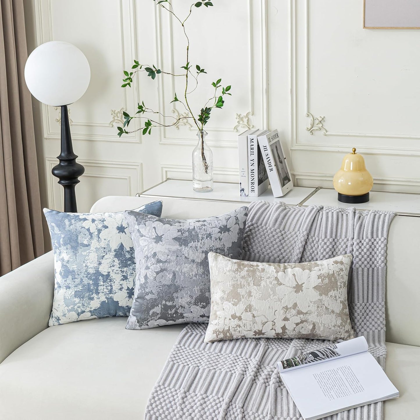 Jacquard Throw Pillow Covers 12x20 Inch Set of 2 - Vintage Floral Boho Pillow Cases with Botanical Pattern | Farmhouse Decor for Couch | Soft Textured Neutral Trio Light Khaki Warm Beige 12" x 20"