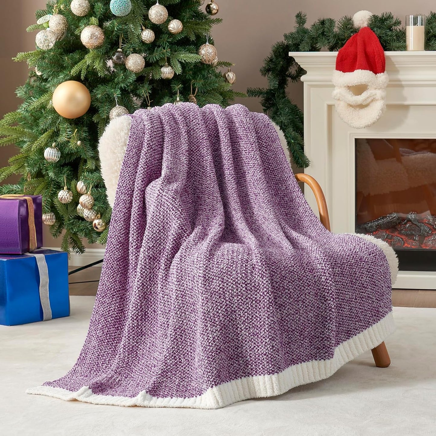 Snuggle Sac Purple Throw Blankets for Couch, Super Soft Warm Blankets Cozy Knit Fuzzy Plush Lightweight Throws for Sofa, Bed,Living Room, Heather Purple, 50x60 inches