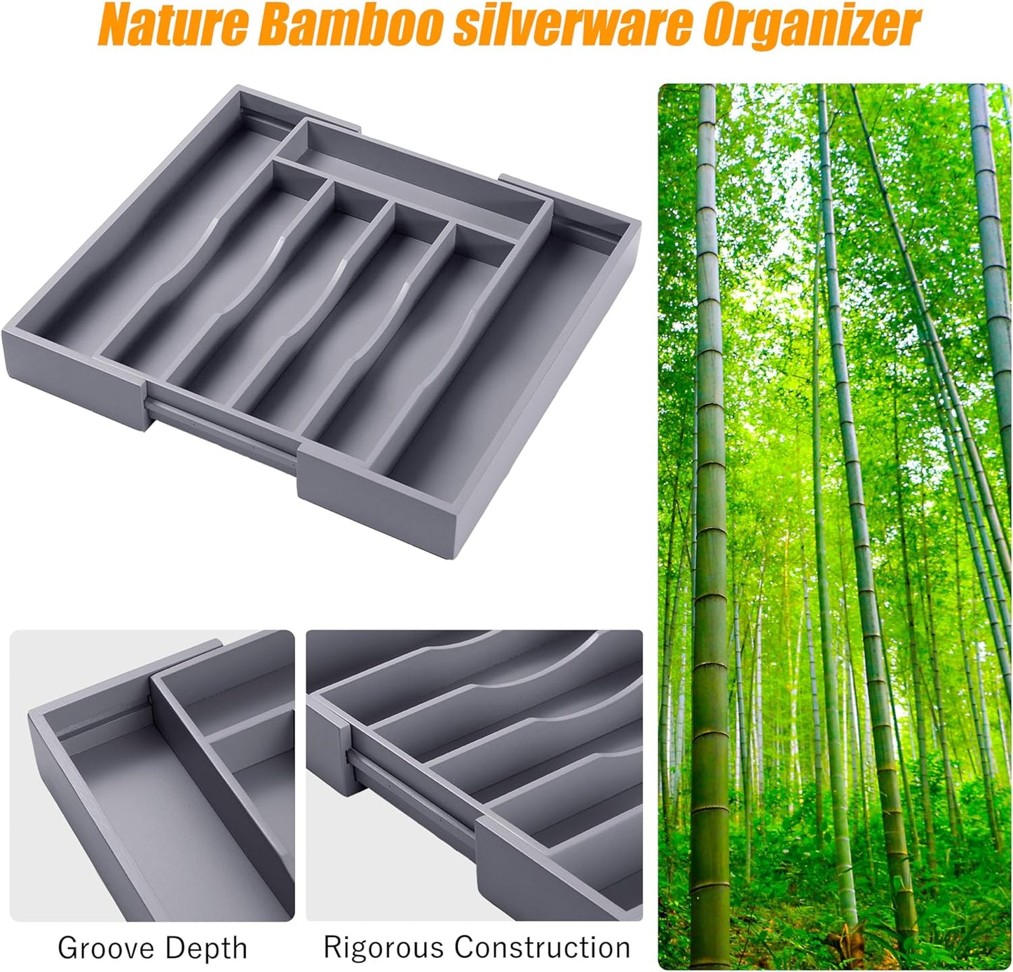 Kitchen Silverware Drawer Organizer and Storage Bamboo Wood Cooking Utensil Holder Cutlery Knife Jewelry Spice Rack Spoon Fork Multi Cabinet Organization Bathroom Counter Expandable Adjustable Tray