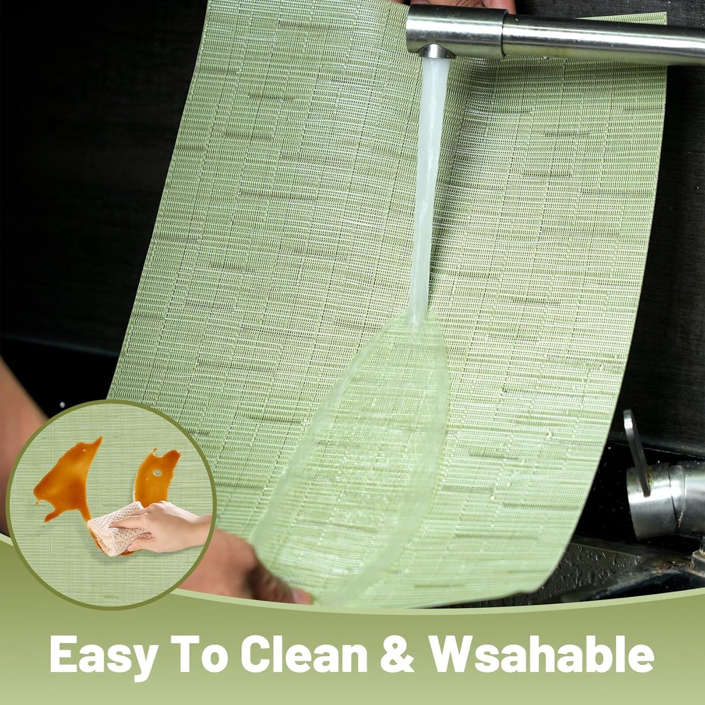 Placemats Set of 8，Non-Slip PVC Weave Table Mats Easy to Clean，Heat Resistant Place Mats for Kitchen Dining Table Decoration Indoor Outdoor，Pea Green