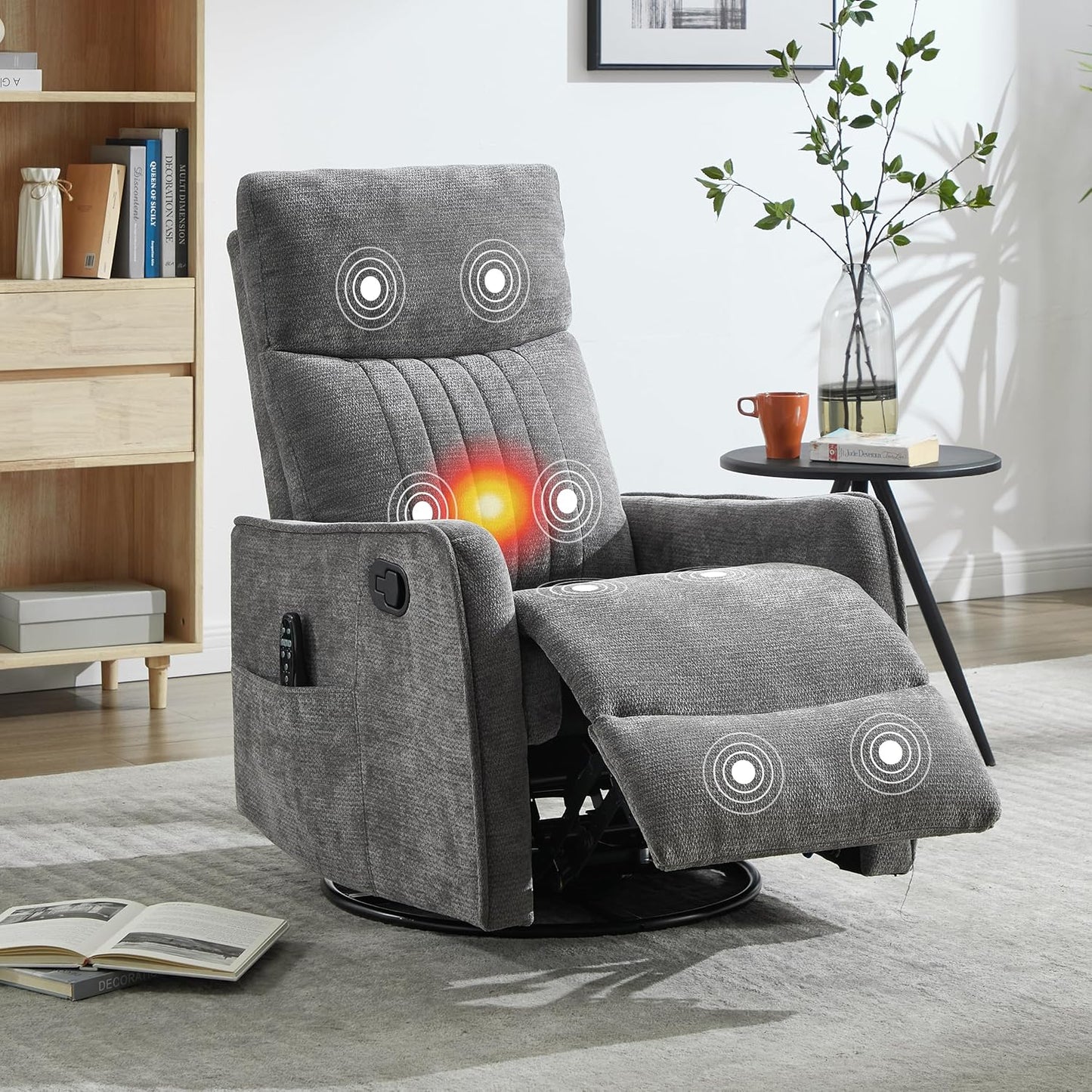Manual Swivel Rocker Recliner Chair for Adults, Overstuffed Reclining Glider Chair for Nursing with Vibration Massage & Heat, Living Room Rocking Recliner 2-Stage backrest, Chenille Fabric Dark Gray