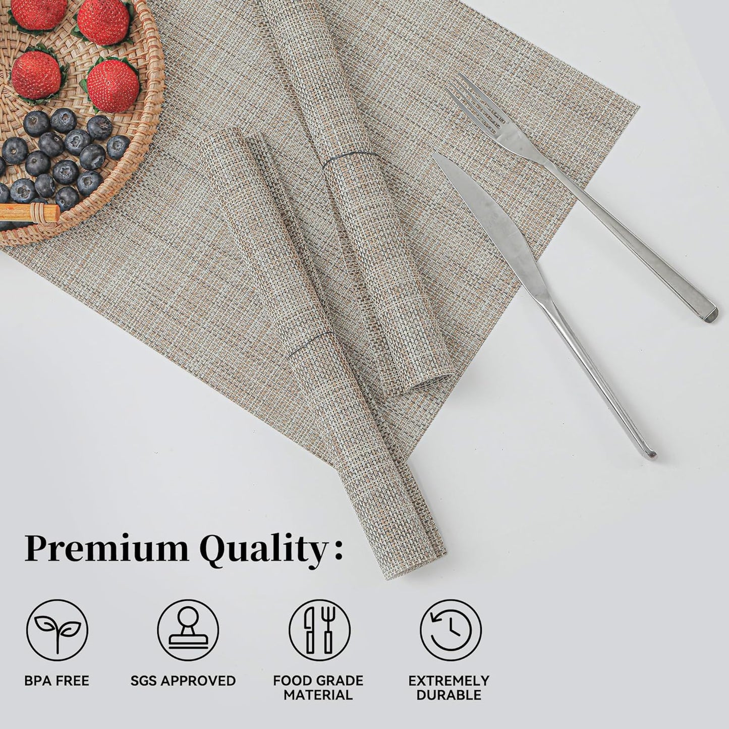 Leetaltree Linen Yellow Placemats Set of 12 - Heat Resistant Non-Slip Place mats for Dining Table, Washable Durable PVC Vinyl Woven Table Mats（Linen Yellow, 12）