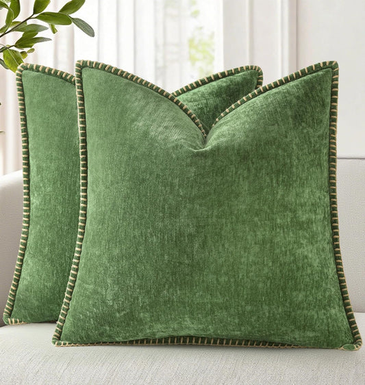 decorUhome Fall Chenille Soft Throw Pillow Covers 24x24 Set of 2, Farmhouse Velvet Neutral Decorative Euro Pillow Covers with Stitched Edge for Couch Sofa Bed Home Decor, Forest Elf