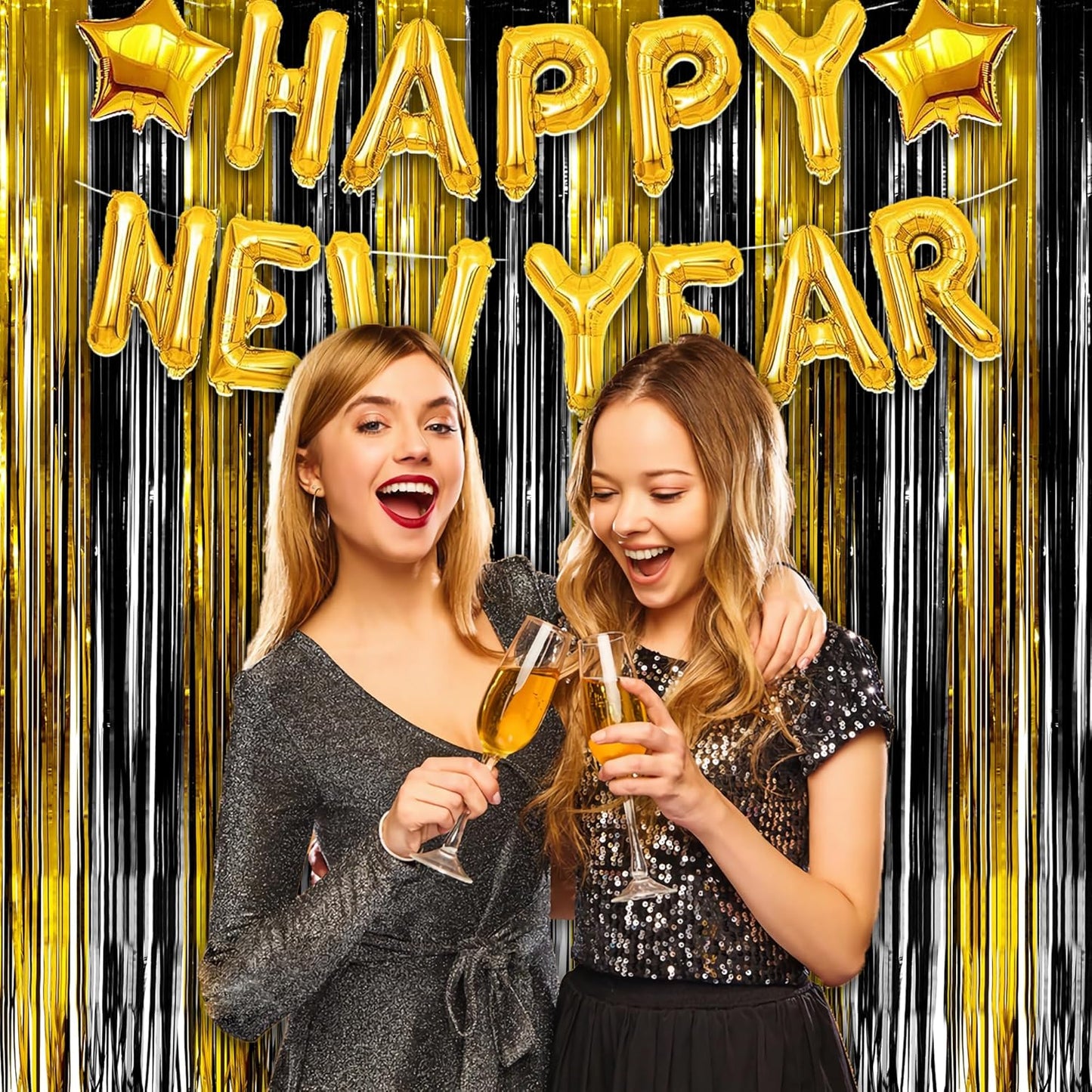 Black and Gold Party Streamers Decoration - GREATRIL Foil Fringe Backdrop for 2025 NYE/Anniversary/Farewell/Cocktail/Prom/EID/Birthdays - 3.2ft X 8.2ft - 2 Packs