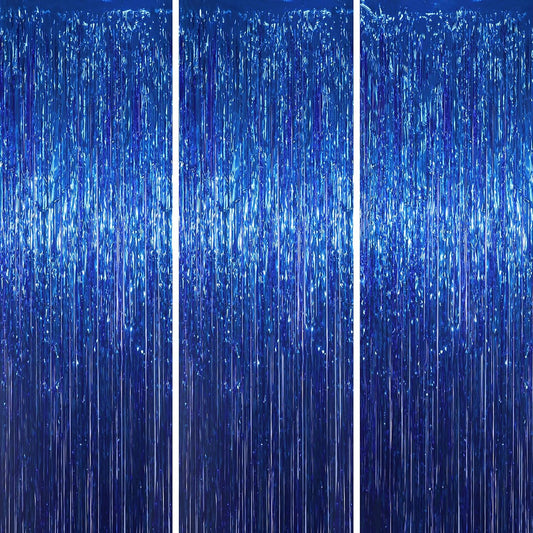 3 Pack 3.3x8.2 Feet Blue Foil Fringe Backdrop Curtains, Tinsel Streamers Birthday Party Decorations, Fringe Backdrop for Graduation, Baby Shower, Gender Reveal, Disco Party