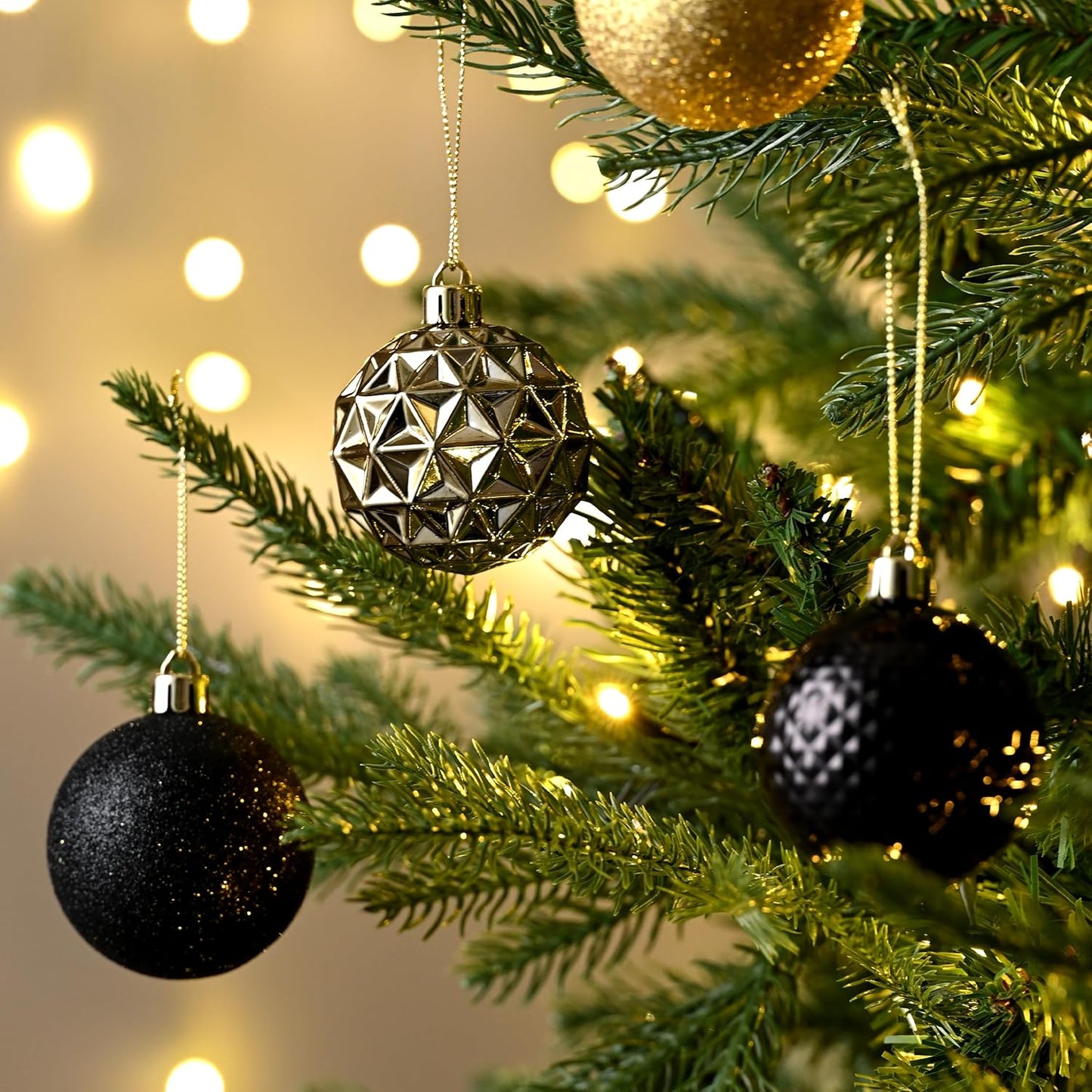 Valery Madelyn Christmas Tree Decorations Ornament Set for Fall Halloween, 50ct 2 Inches Black and Gold Shatterproof Christmas Ball Ornaments Hanging Xmas Holiday Party Decor