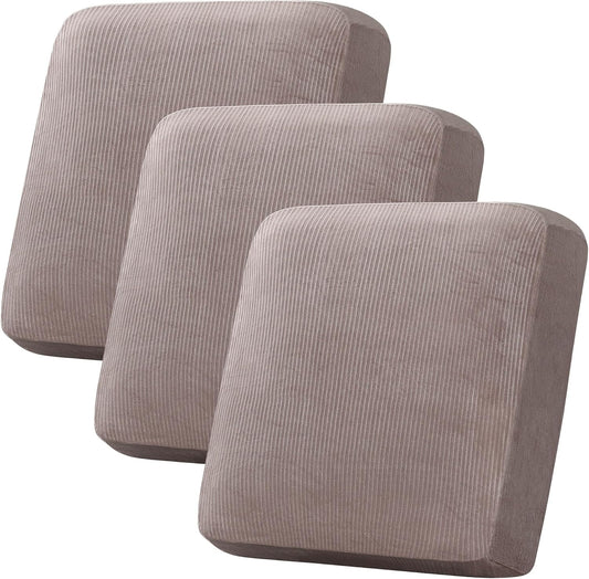 H.VERSAILTEX Velvet Stretch Couch Cushion Cover Plush Cushion Slipcover for Chair Loveseat Sofa Cushion Furniture Protector Seat Cushion Sofa Cover (3 Piece XL Sofa Cushion Covers, Taupe Striped)