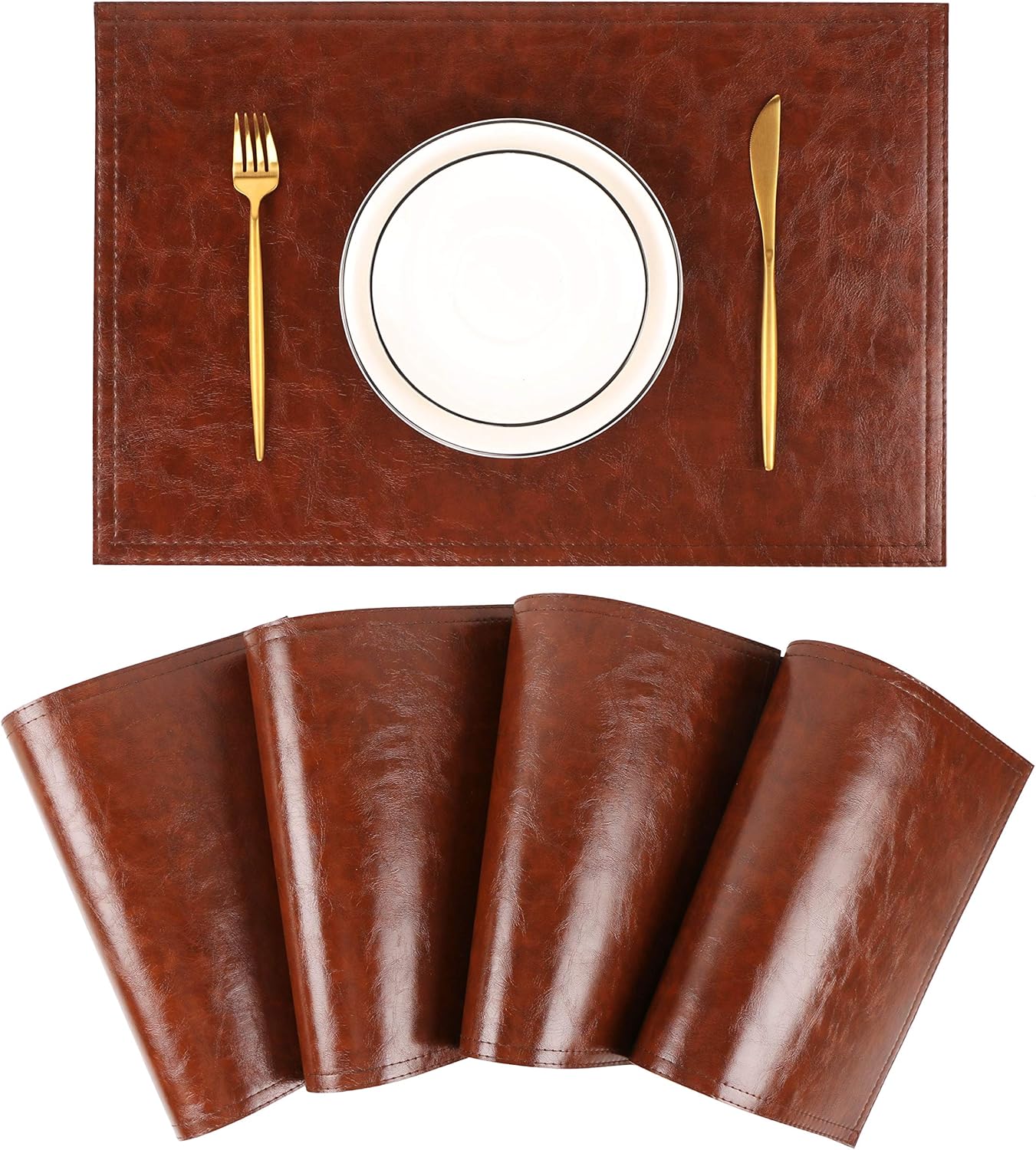 Waterproof PU Placemats, Faux Leather Dining Table Mat, Set of 4, Easy to Wipe Off Scrub Vinyl Mat, Heat & Stain Resistant for Office Conference Table, Home Decor