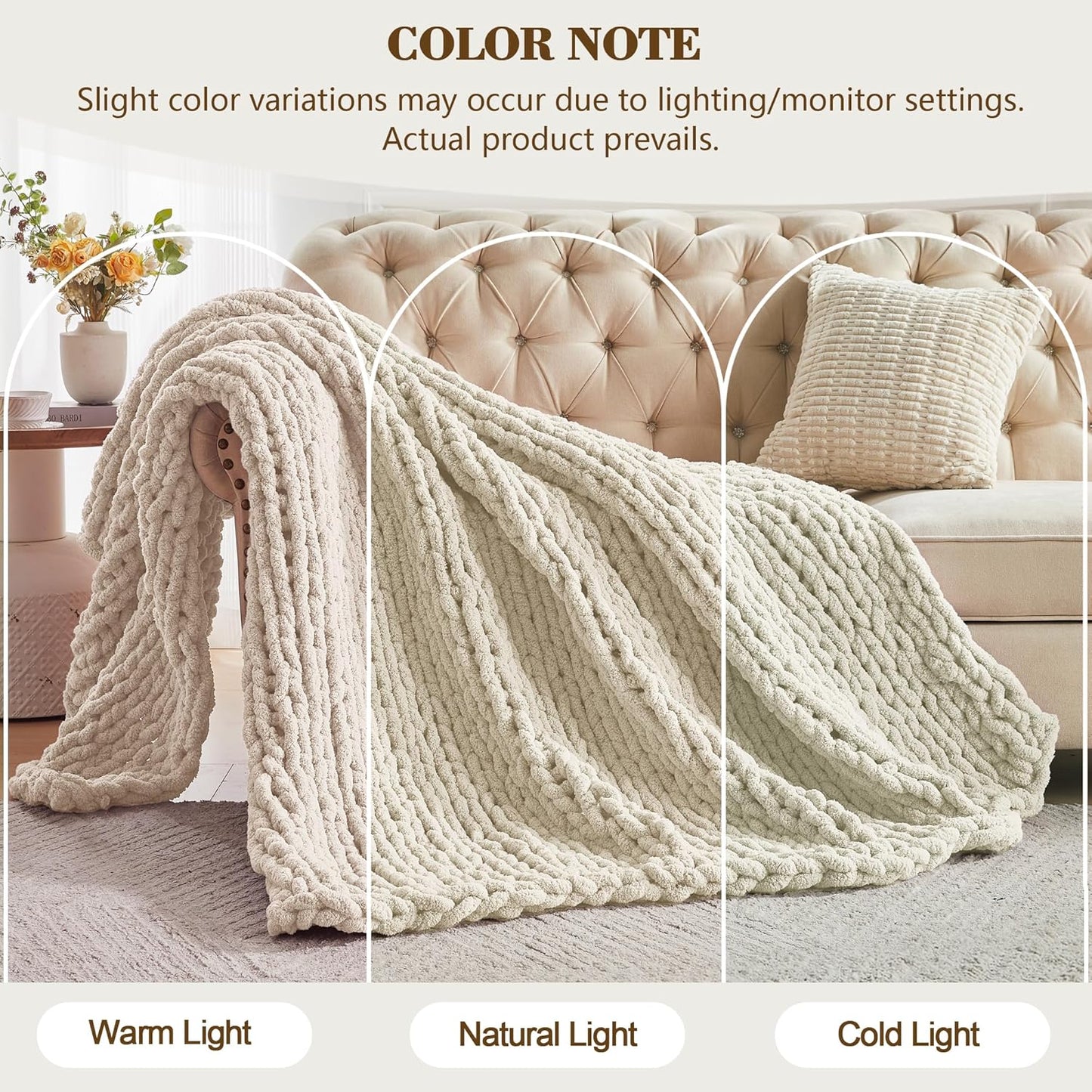 Carriediosa Chunky Knit Throw Blanket 60" X 80" Twin, 100% Hand Made Large Chenille Loop Yarn Soft Fluffy Throws for Couch Sofa Bed, Big Crochet Cozy Heavy Thick Cable Woven Blanket, Light Beige