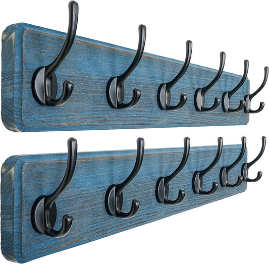 Dseap Coat Rack Wall: 24" Long, Patented, Heavy-Duty, 6-Double-Hooks Wooden Wall Mounted Coat Rack Coat Hanger Hook Rail for Winter Coats Hat Jacket Clothing, Weathered Blue, Pack of 2