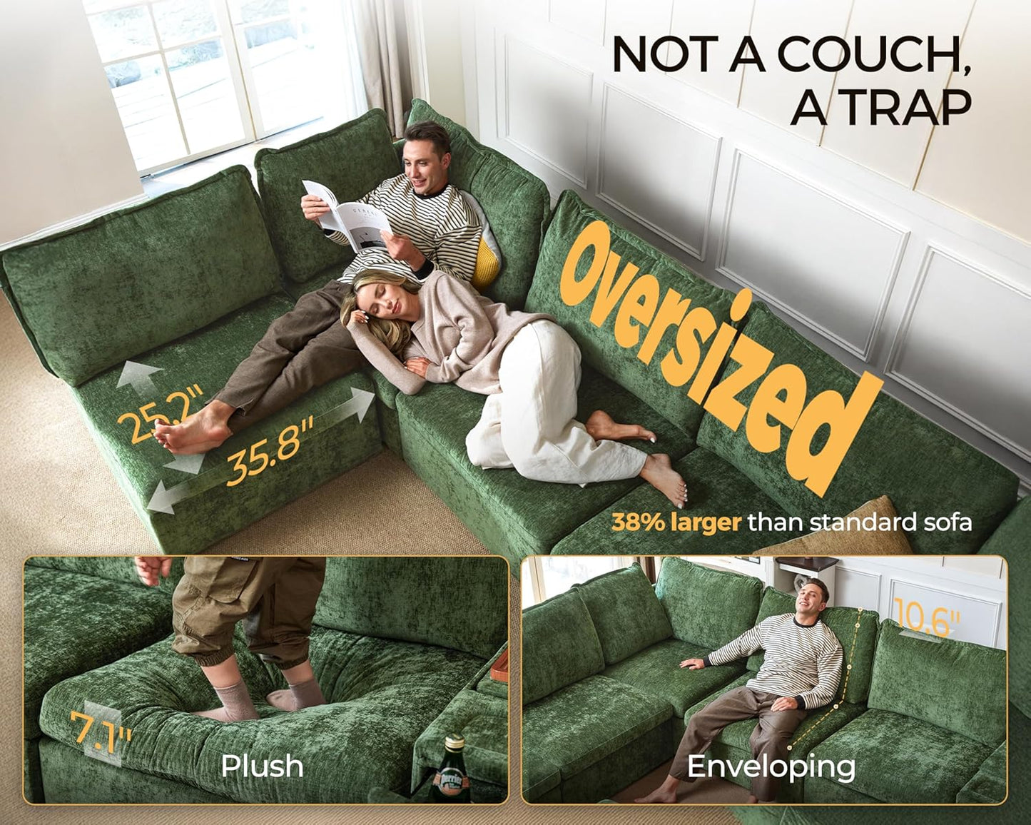 Oversized Modular Sofa Comfy Cloud Couch with Storage, Extra Deep Plush Sectional Sofa Set for Living Room, Covers Washable, Chenille, Olar (Green, 6-Seater with 3 Ottomans, Sleeper)