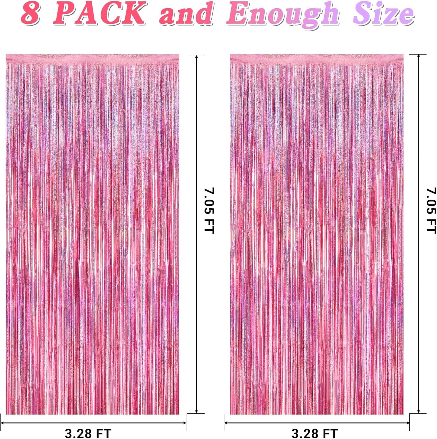 8 Pack Pink Backdrop, 3.28 FT x 7.05 FT Fringe Curtains, Metallic Glitter Pink Fringe Party Streamer Foil Curtains Tinsel Backdrop, Pink Decorations Bachelorette Party Supplies Birthday Decor