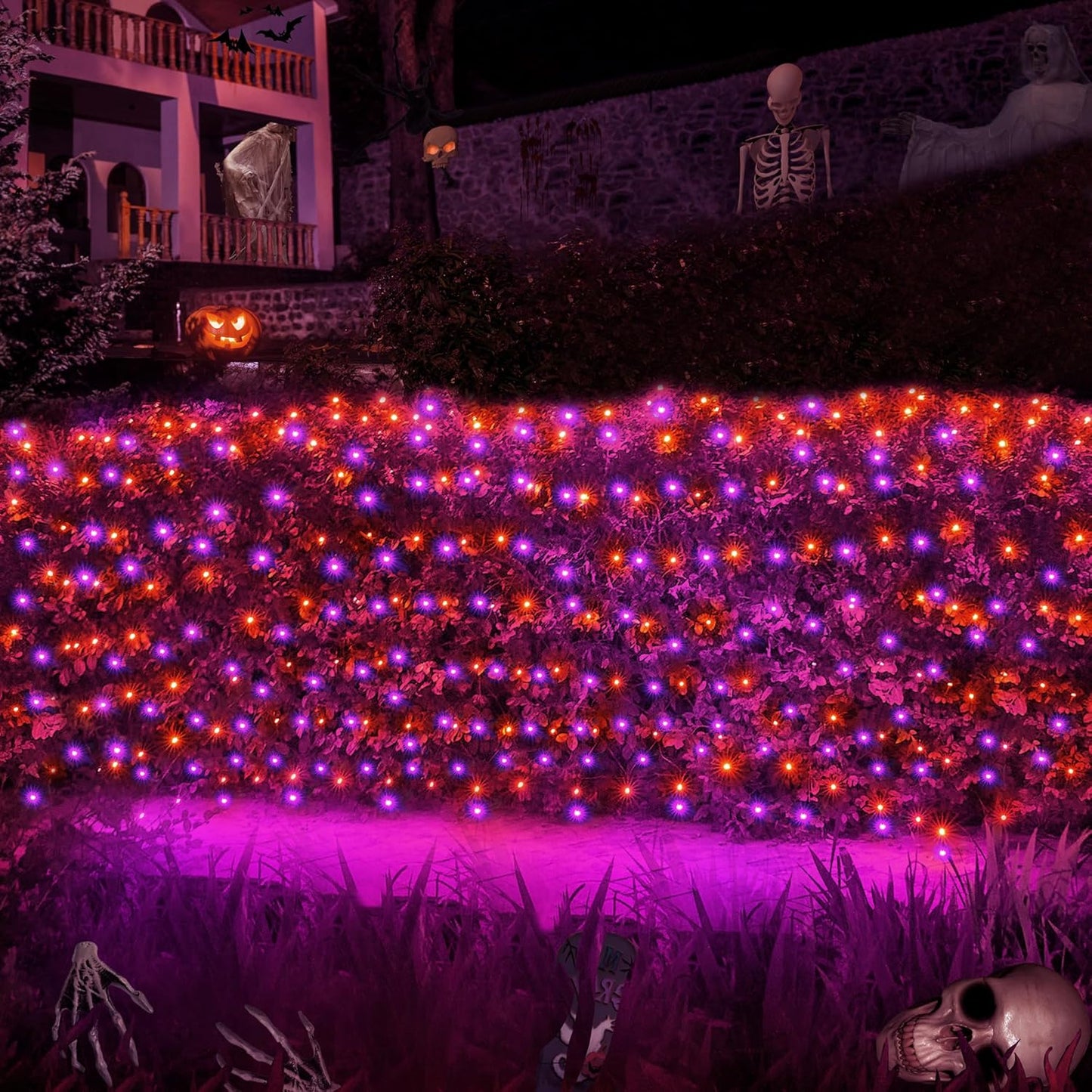 WBao Halloween Lights Outdoor 360LED 11.5ft x 6.9ft Halloween Net Lights with 8 Modes, Timer, Connectable, Waterproof & Dark Green Wire for Lawn, Bushes Outdoor Holiday Decorations, Orange Purple