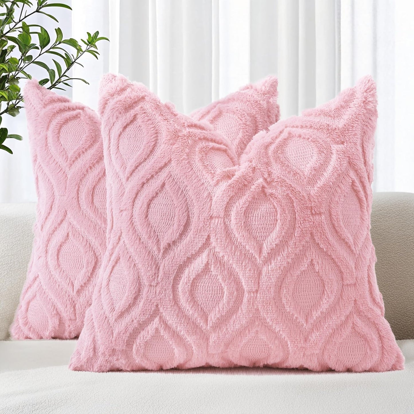 decorUhome Throw Pillow Covers 22x22 Inch Set of 2, Soft Plush Decorative Faux Fur Light Pink Solid Couch Pillow Covers, Accent Farmhouse Neutral Square Euro Pillow Cases for Sofa Bed Living Room