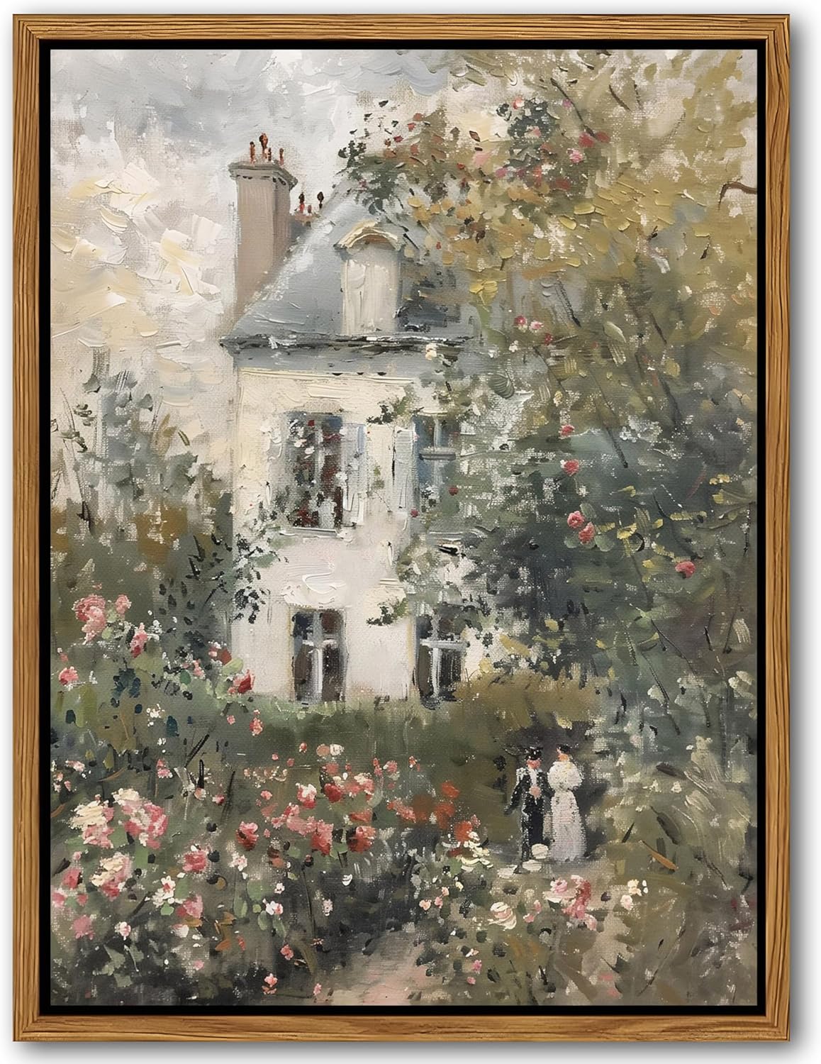 Floating Framed Canvas Vintage Wall Art, Neutral English Cottage Rose Garden Oil Paintings Print, Spring Pictures Wall Decor for Living Room Hallway Bedroom Office Rustic Decor 8x10 inch