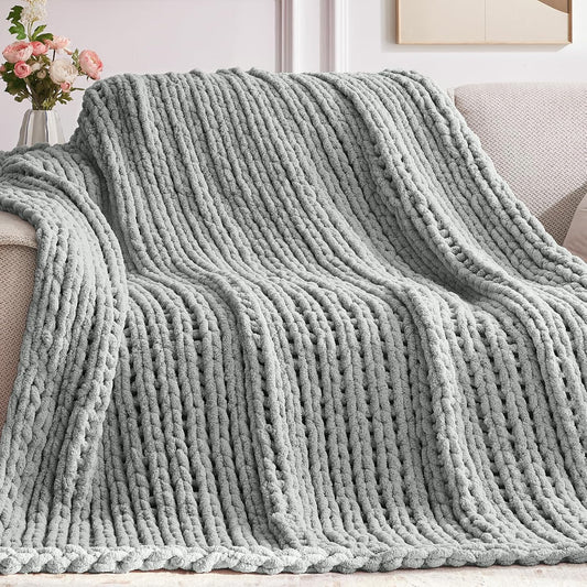 Chunky Knit Throw Blanket, 50''*60'' Knitted Throw Chenille Yarn for Bed Couch, Handmade Light Grey Crochet Big Thick Blanket, Machine Washable Cute Comfy Blanket for Home Decor