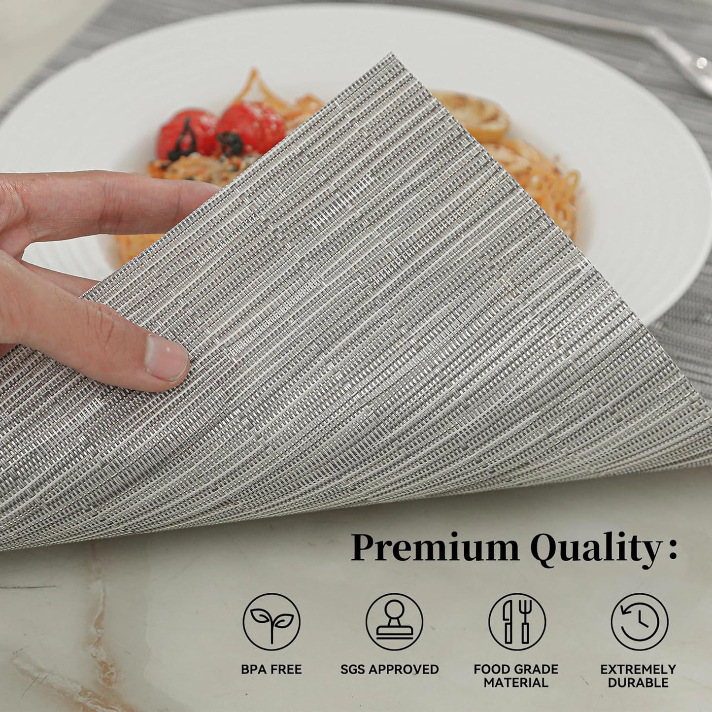 Leetaltree Silver Placemats Set of 4 - Heat Resistant Non-Slip Place mats for Dining Table, Washable Durable PVC Vinyl Woven Table Mats（Silver, 4）