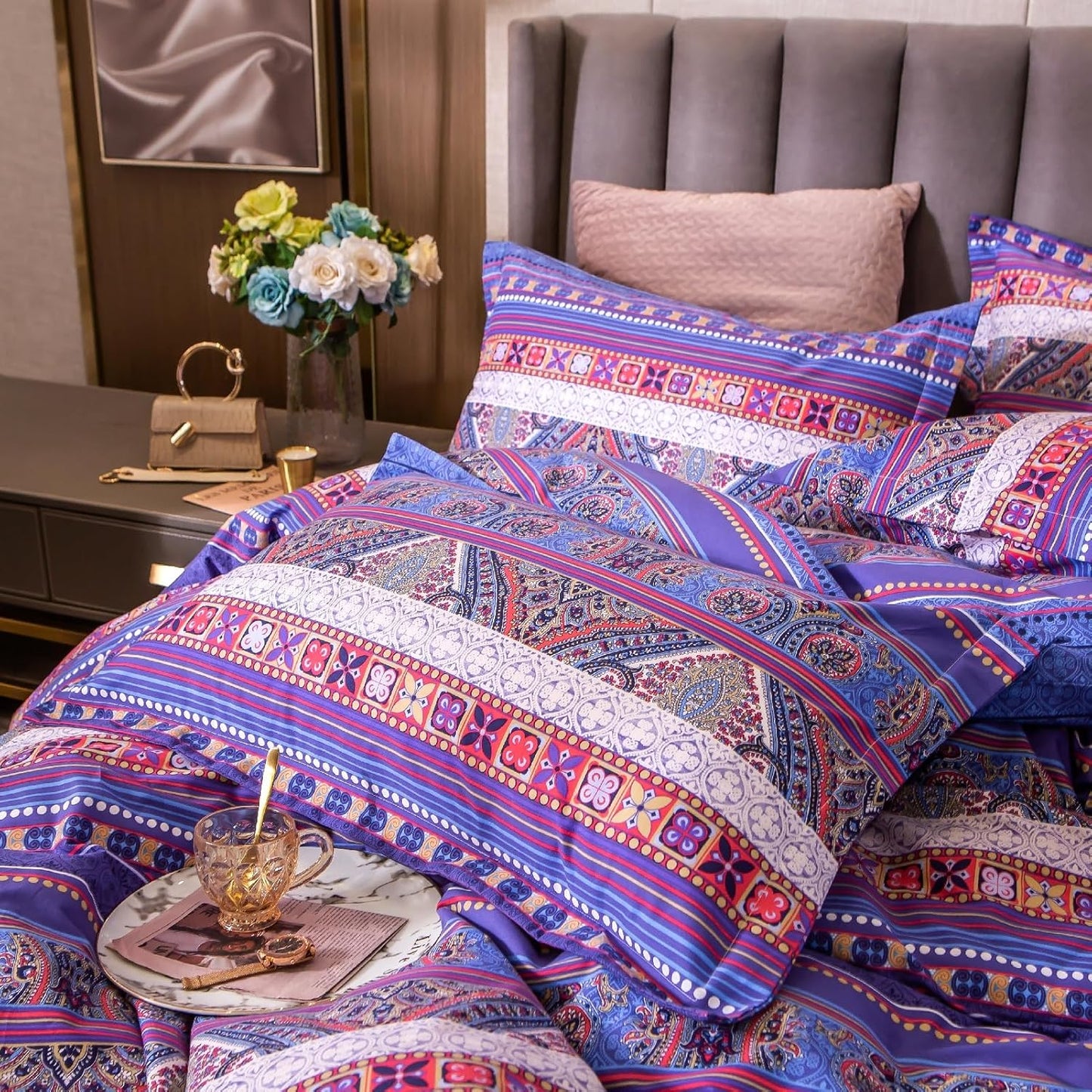 ABREEZE Bohemian Vintage Cal.King Size Floral Cotton Bedding Set 3Pcs Duvet Cover Set Boho Purple Paisley 100% Egyptian Brushed Cotton Reversible Home Bedding Collection