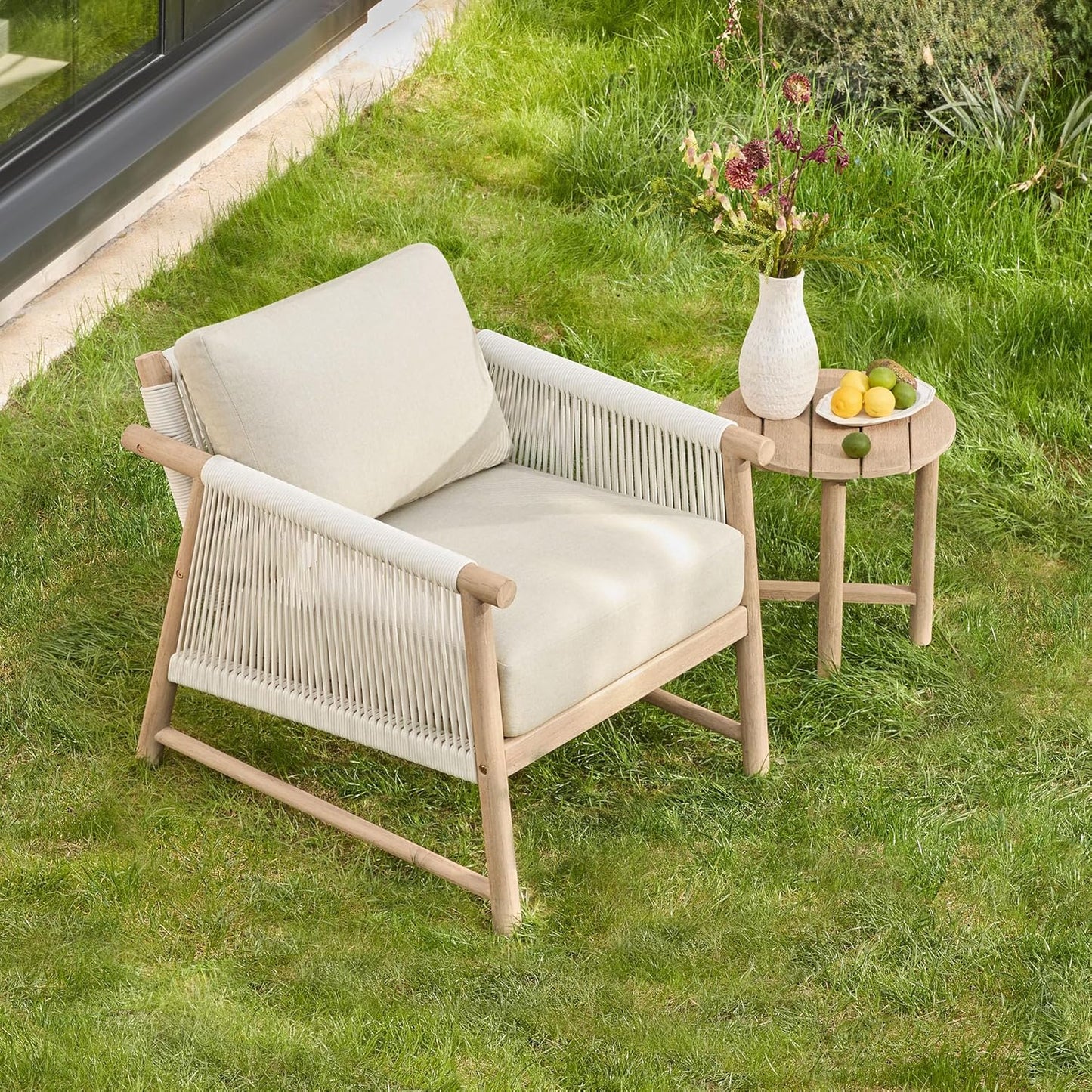 CHITA Boho Patio Rattan Chair Set of 2, Outdoor Wicker Chair with 7.1″ Thickened Cushions Acacia Wood Frame(Cream)