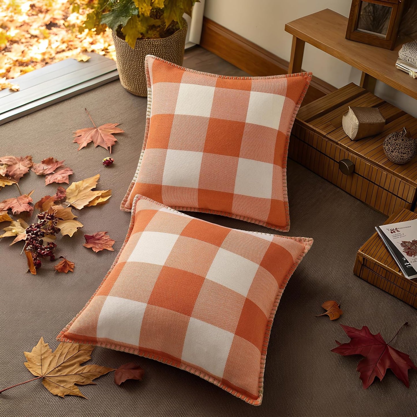 decorUhome Fall Orange and White Decorative Throw Pillow Covers 12x20 Set of 2, Lumbar Buffalo Plaid Check Farmhouse Cushion Covers with Stitched Edge for Autumn Harvest Couch Sofa Bed Home Decor