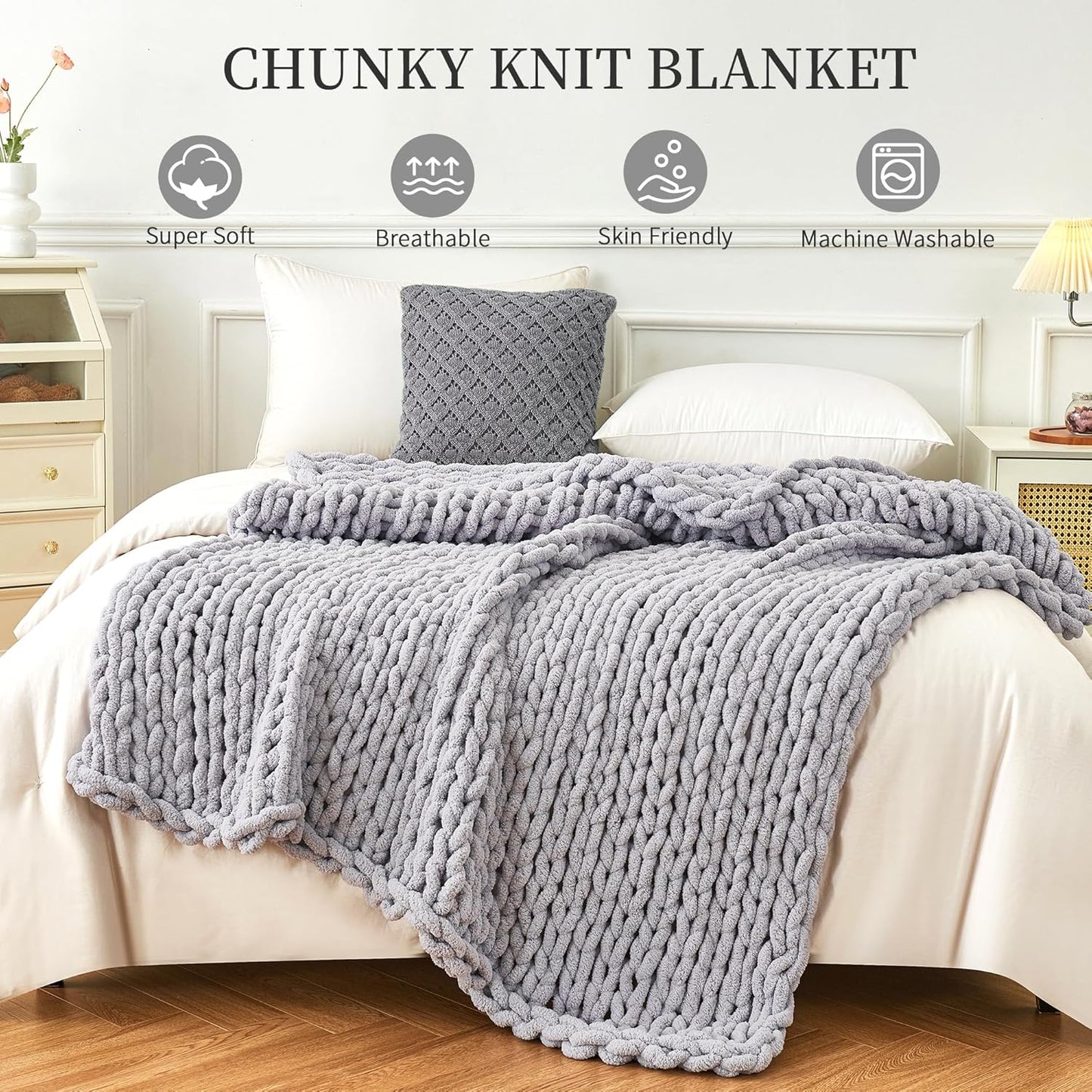 Admitrack Chunky Knit Blanket Throw, 100% Hand Knit Chenille Throw Blanket for Sofa & Home Decor, Soft and Cozy Knitted Throw Blankets (Light Gray，51"x63")