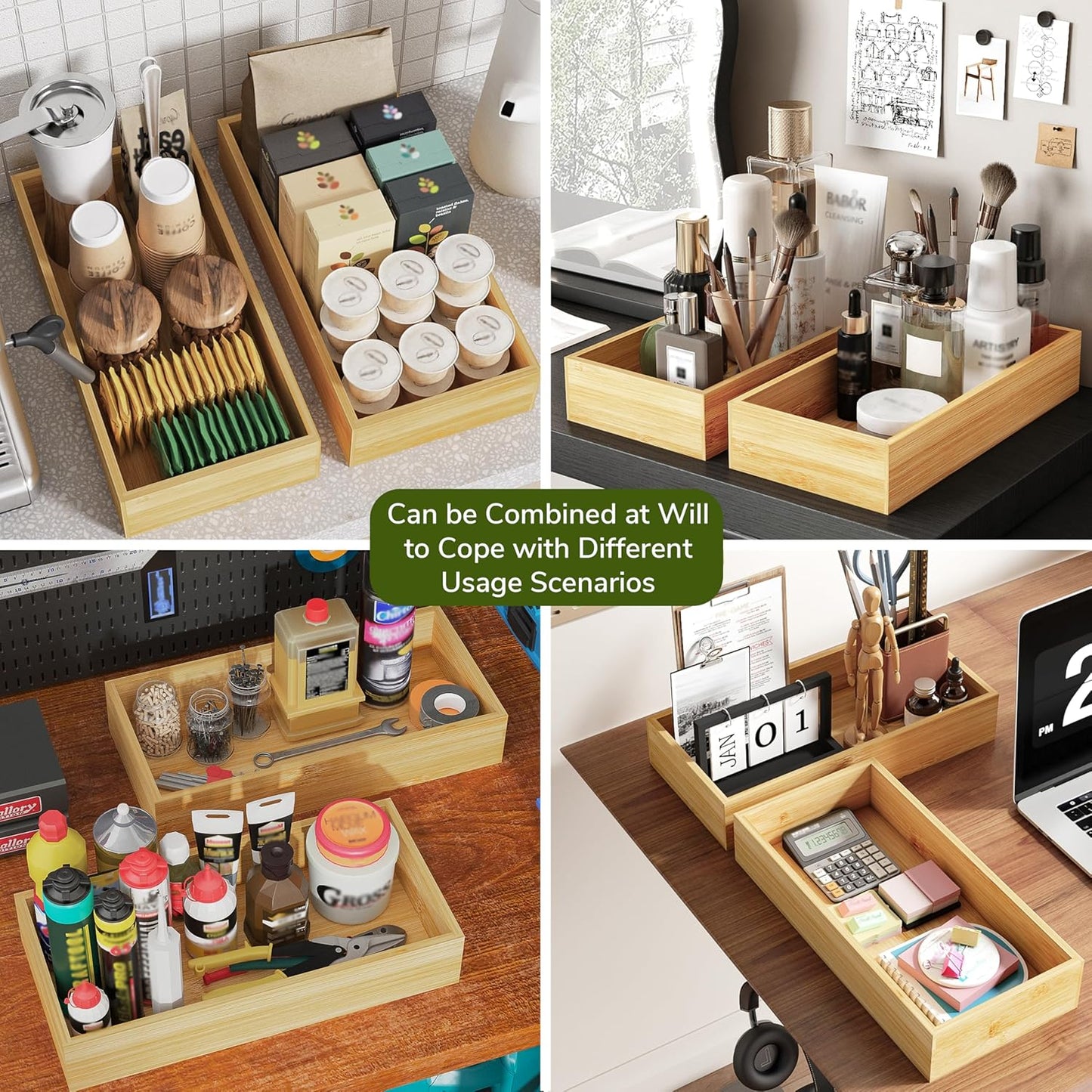 BAMEOS Deep Utensil Drawer Organizer, Bamboo Silverware Organizer for Kitchen Drawer Storage Flatware Junk Cutlery Jewelry 14"x 6.8" Set of 2 (Natural)