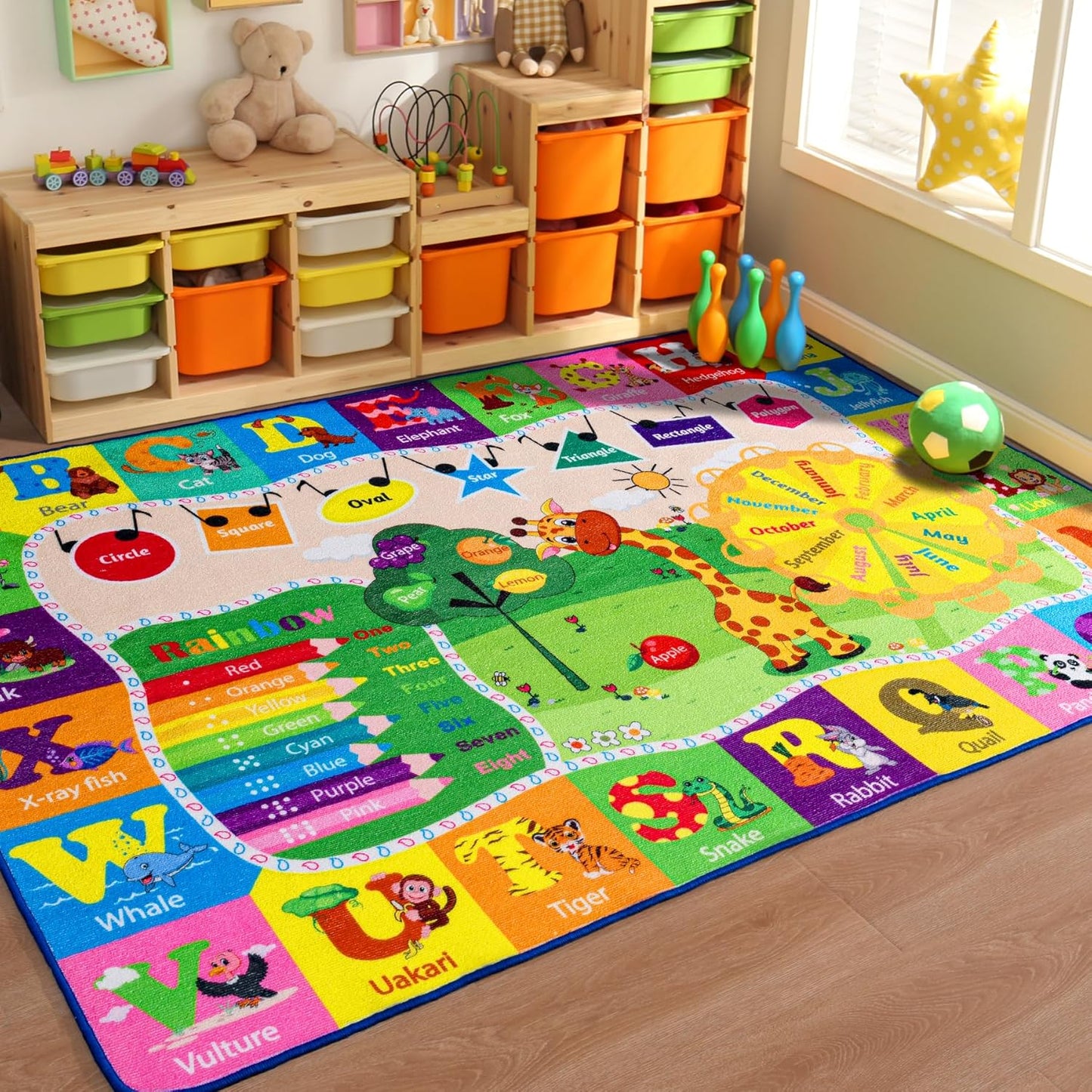 5x7 Playroom Rugs for Kids Washable, Educational and Fun Playmat with ABC Alphabet Animals Shapes Colors, Non-Slip Play Mat Learning Rugs for Baby Toddler Children Game Activity