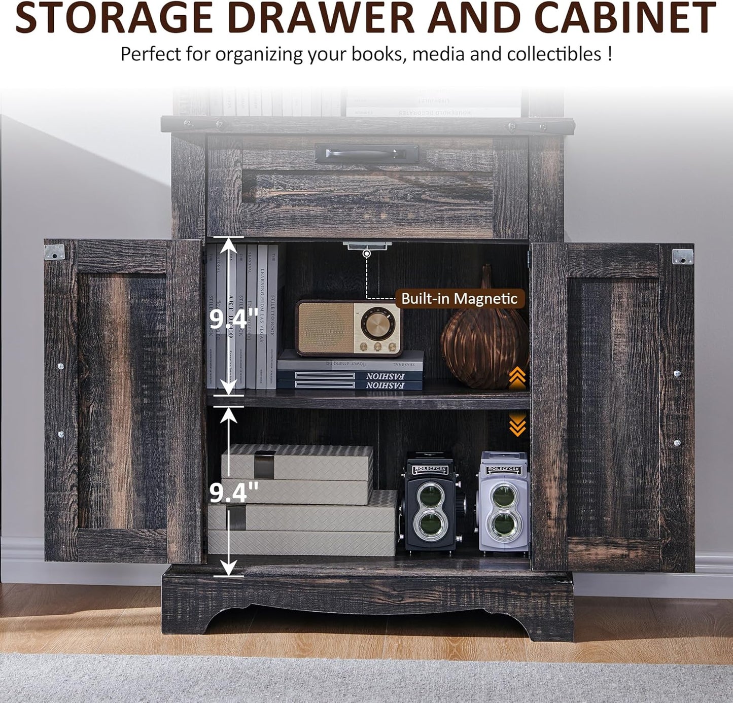 OKD 72'' Tall Bookshelf with Storage, Farmhouse 4 Tier Bookcase w/Barn Door, Adjustable Shelves and Drawers, Rustic Wooden Office Bookshelves for Home Bedroom, Living Room, Library (Dark Rustic Oak)