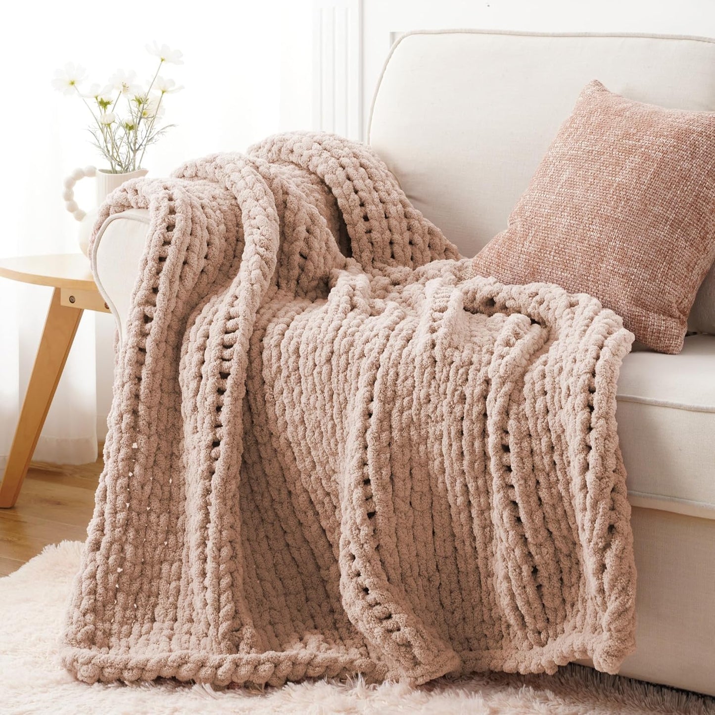 Battilo Chunky Knit Throw Blanket, Soft and Thick Chenille Throw Blanket, 50"x60" Handmade Cable Knit Crochet Blanket, Large Rope Knot Throw Blankets for Couch Sofa Bed Home Decor, Pink