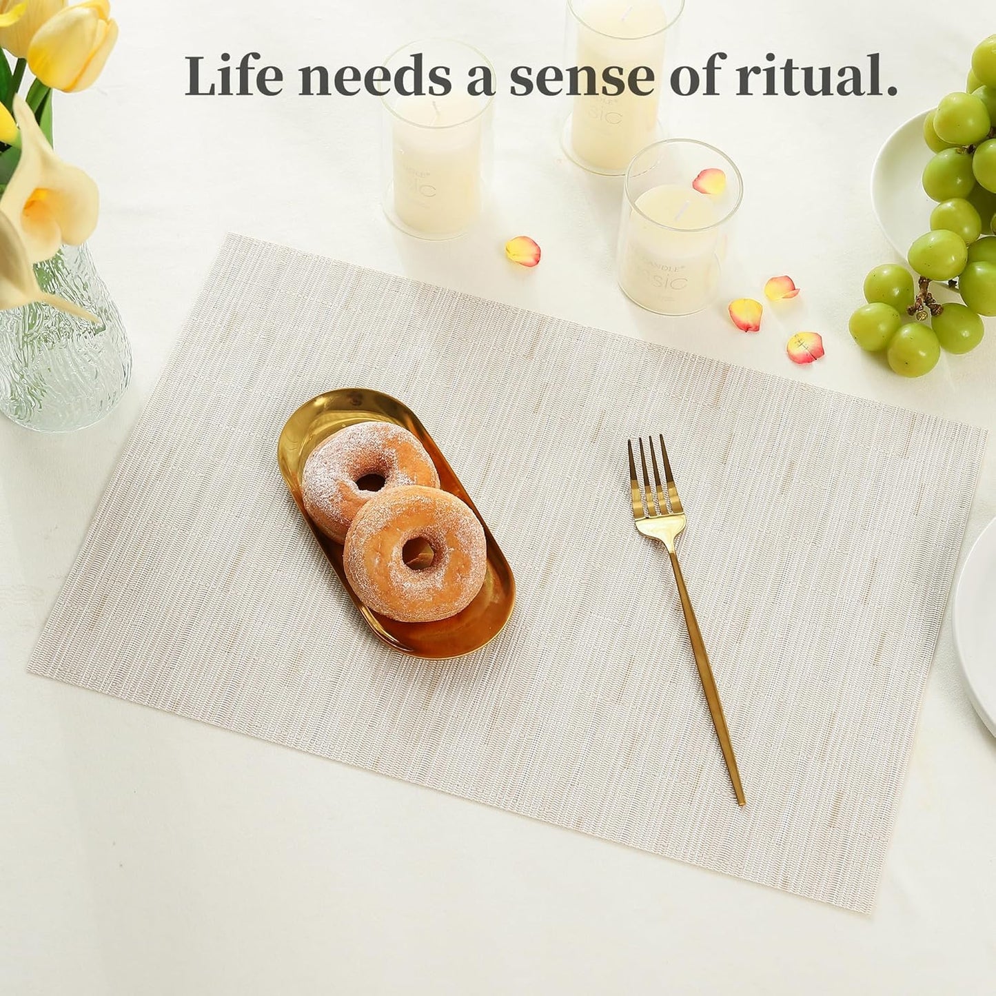 Leetaltree Pale Beige Placemats Set of 4 - Heat Resistant Non-Slip Place mats for Dining Table, Washable Durable PVC Vinyl Woven Table Mats（Pale Beige, 4）