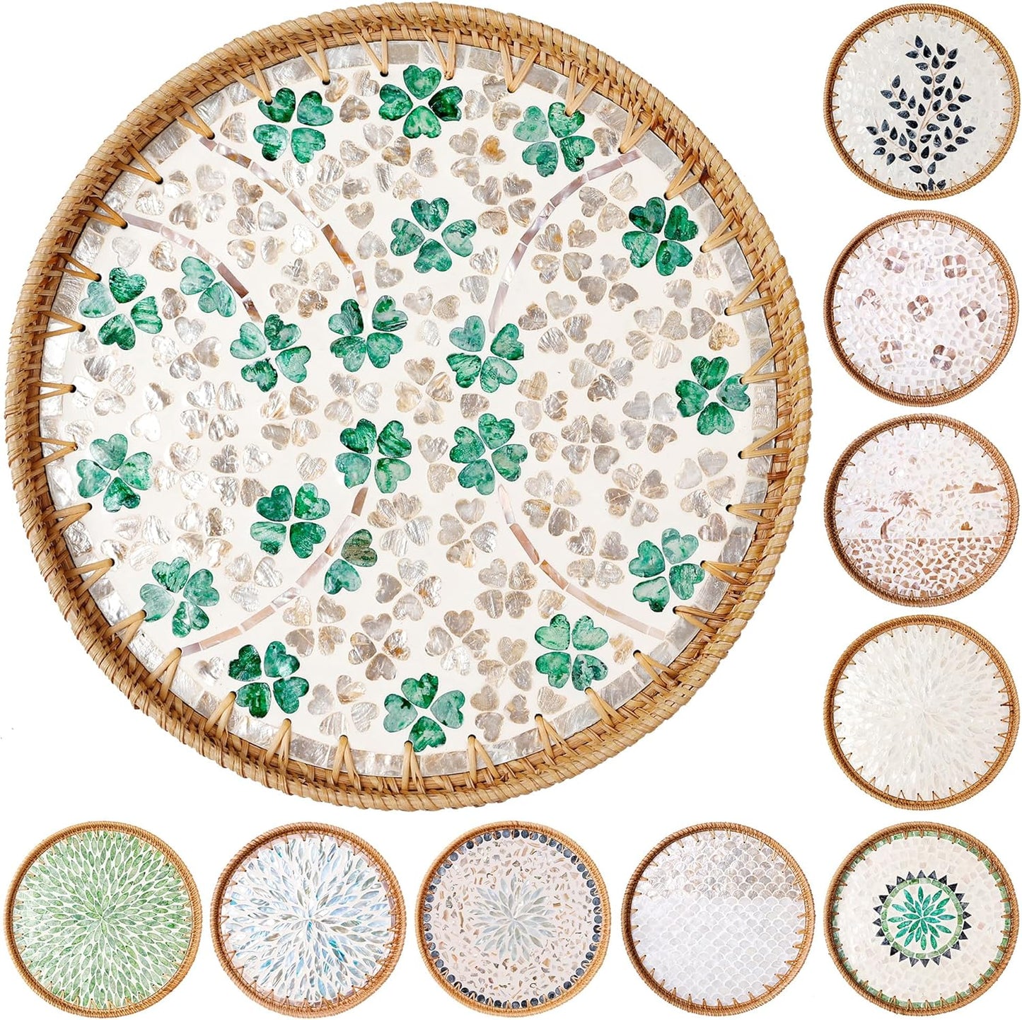 Round Rattan Tray with Mother of Pearl Inlay & Wooden Base - Decorative Wicker Serving Tray for Coffee/Bread/Fruits, Food Storage & Display - Multipurpose Home Decor (L,Four-Leaf Clover)