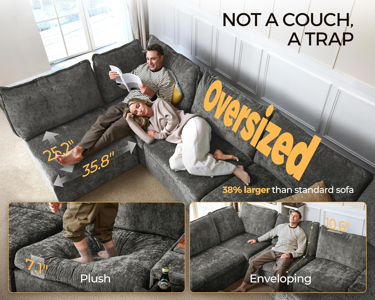 Oversized Modular Sofa Comfy Cloud Couch with Storage, Extra Deep Plush Sectional Sofa Set for Living Room, Covers Washable, Chenille, Olar (Grey, 8-Seater with Corner & 2 Ottomans, u-Shaped)