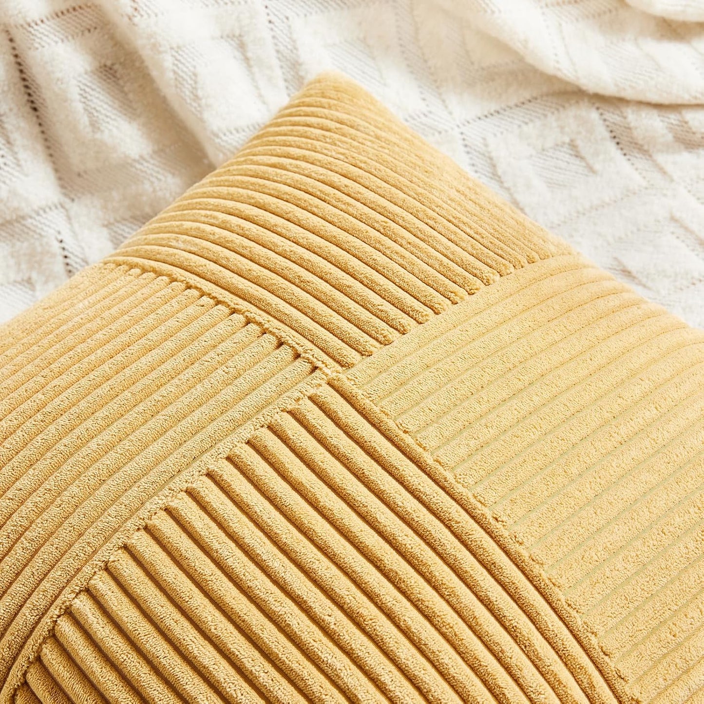 Fancy Homi 2 Packs Gold Yellow Lumbar Decorative Throw Pillow Covers 14x24 Inch for Couch Bed Sofa, Rustic Farmhouse Boho Spring Home Decor, Soft Striped Corduroy Rectangle Accent Cushion Case 35x60cm