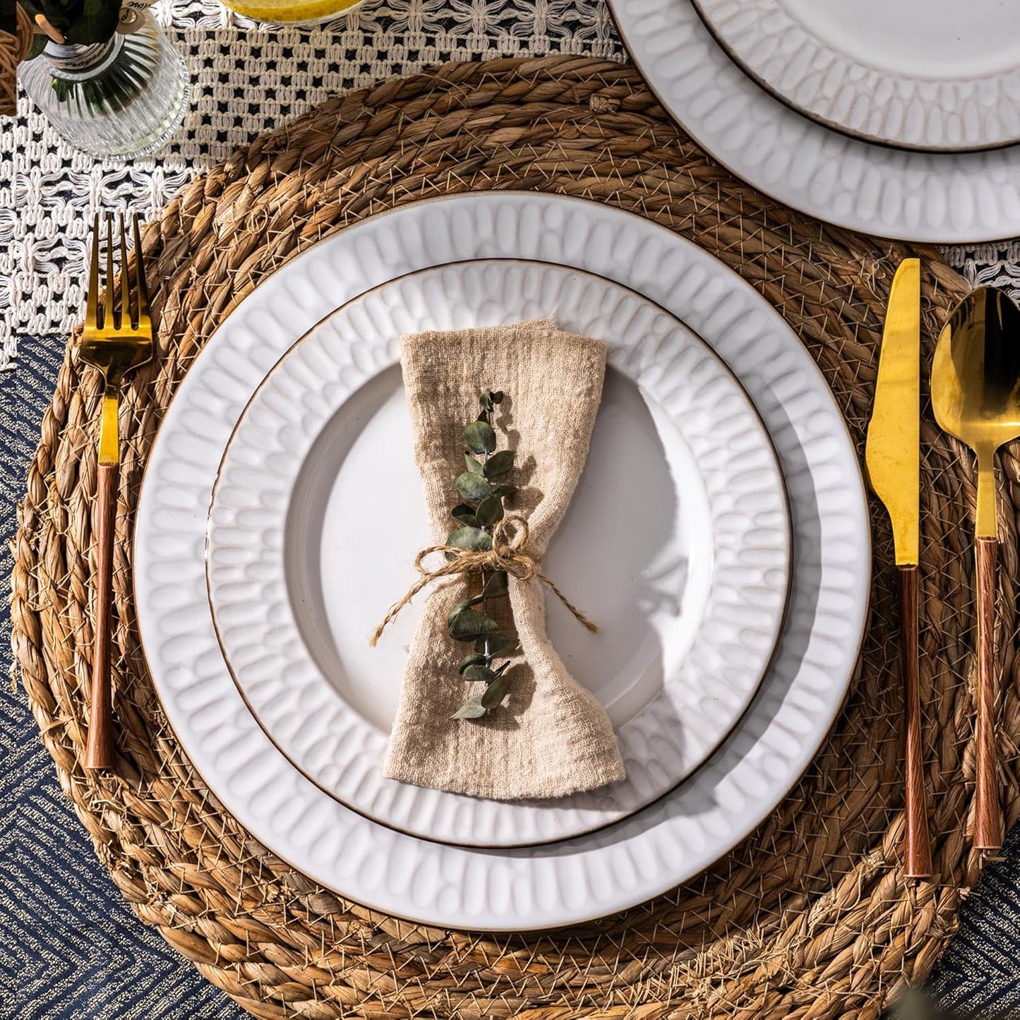 GBHOME Ceramic Dinnerware Sets,12 pcs Embossed Elegant Stoneware Plates and Bowls Sets, Housewarming Wedding Gift | Dishwasher & Microwave Safe | Dishes Set Service for 4