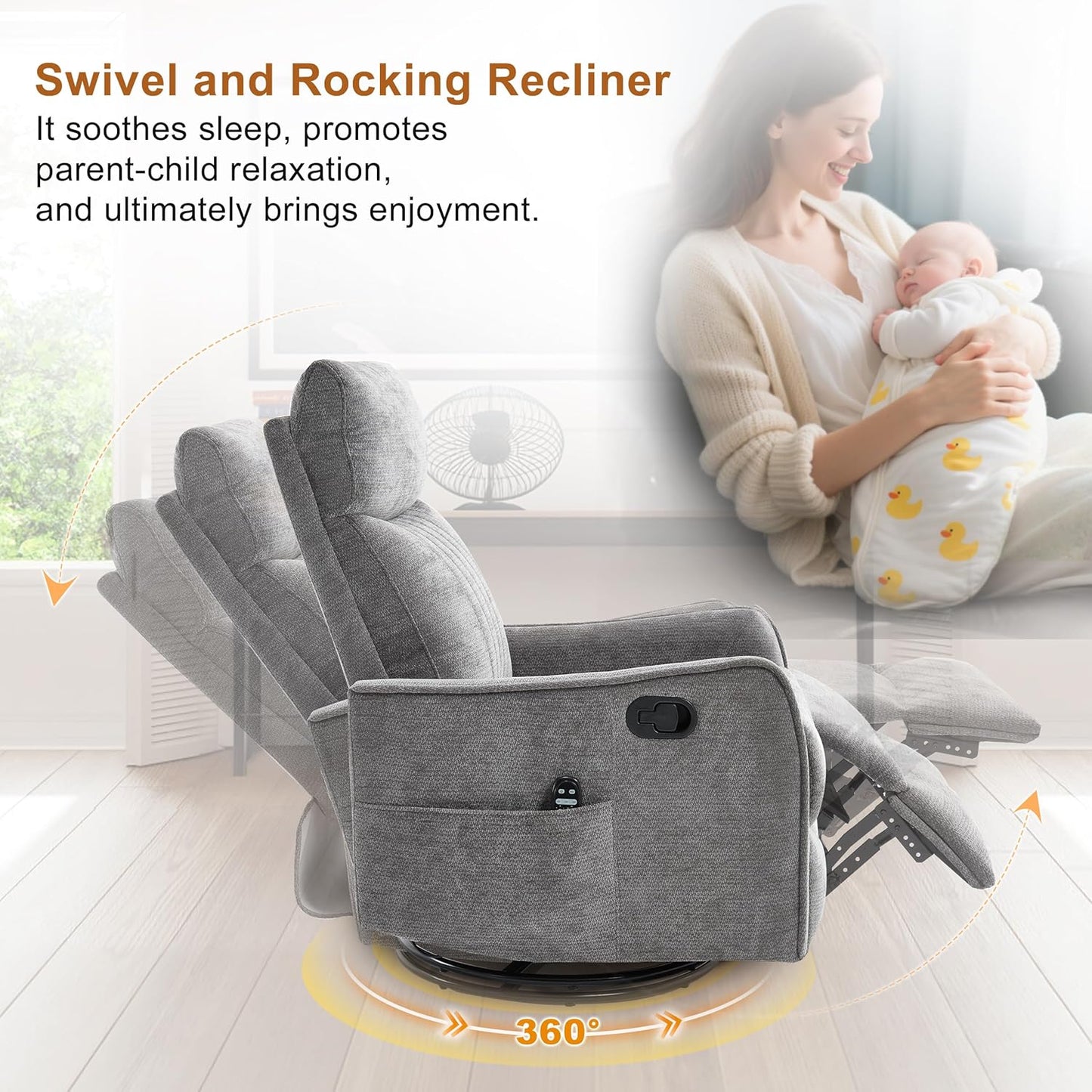Manual Swivel Rocker Recliner Chair for Adults, Overstuffed Reclining Glider Chair for Nursing with Vibration Massage & Heat, Living Room Rocking Recliner 2-Stage backrest, Chenille Fabric Dark Gray
