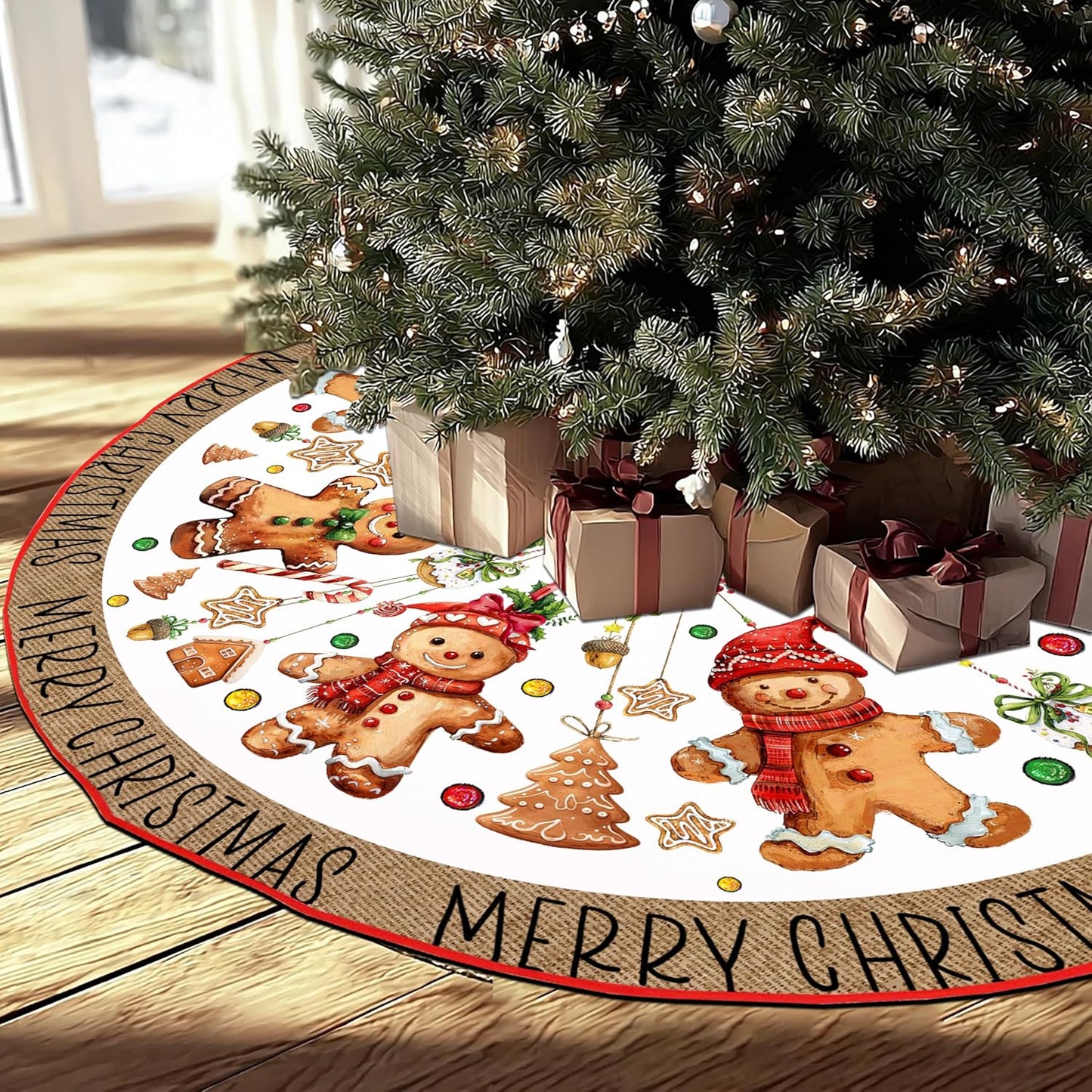 Baccessor Christmas Tree Skirt 48 Inch, Merry Christmas Cute Gingerbread Man Christmas Tree Skirt Collar for Winter Holiday Farmhouse Vintage Rustic Xmas Party Decoration