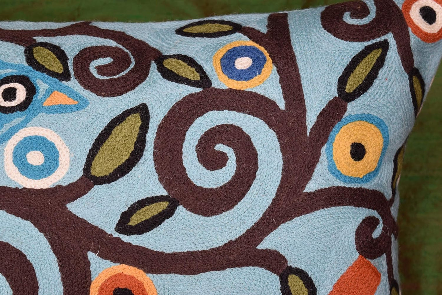 Lumbar Klimt Pillow Cover | Green Birds | Tree of Life | Modern Floral | Outdoor Pillows | Mid Century Chair Cushion | Handmade Wool Size 14x20