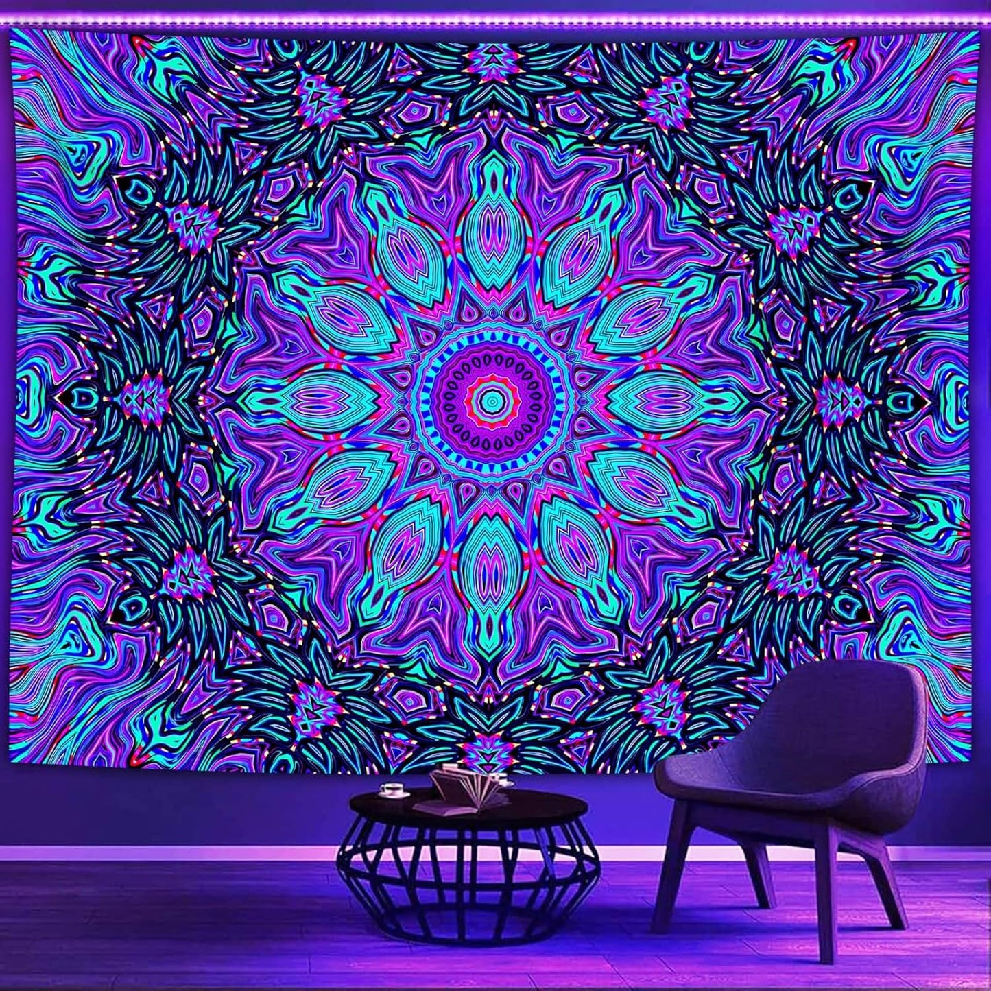 PSYHILAR Blacklight Mandala Tapestry for Bedroom, Psychedelic Black Light Posters for Adults and Teens, Neon UV Reactive Aesthetic Bohemian Art Wall Hanging Decor (60 x 50 Inches)