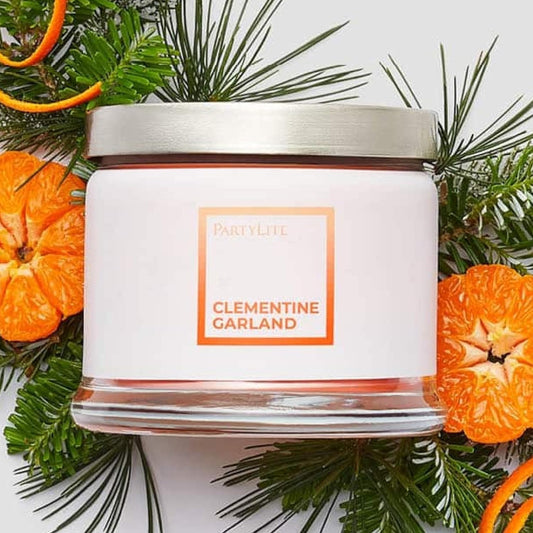 PartyLite 3-Wick Jar Candle, Highly Fragranced Clean Burning Glass Candle, 25-45 Hours Burn Time (Clementine Garland)