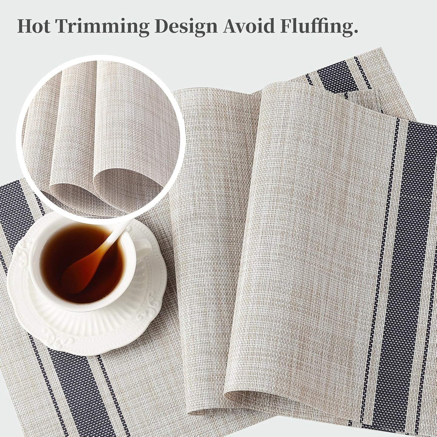 Leetaltree Khaki-Blue Placemats, Heat Resistant Non-Slip Place mats for Dining Table, Washable Durable PVC Vinyl Woven Table Mats (Set of 8)