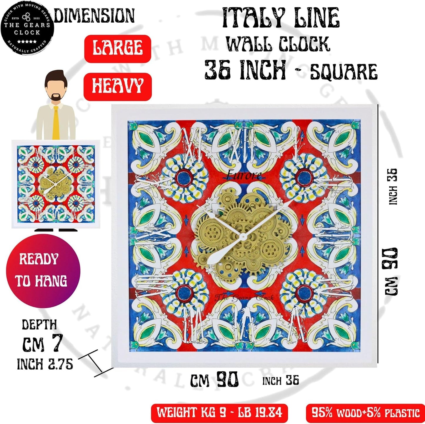 The Gears Clock Wall Clock Italy Collection with Moving Gears (Atrani, 36 inch Square)