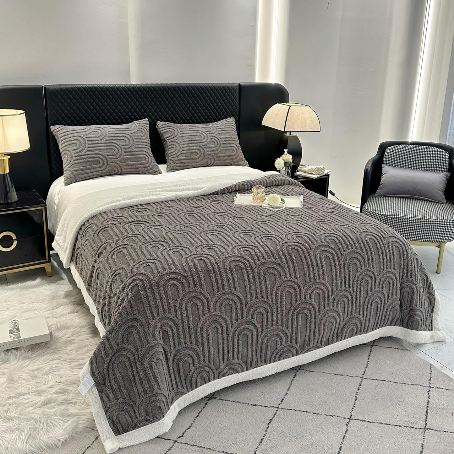 UKELER Fleece Bed Blanket 80 × 90 inch, Ultra Soft Queen Size Throw Blanket for All Season, Cozy Plush Arch Sherpa Blankets for Bedroom Living Room Dorm Hostel Sofa Camping, Dark Grey