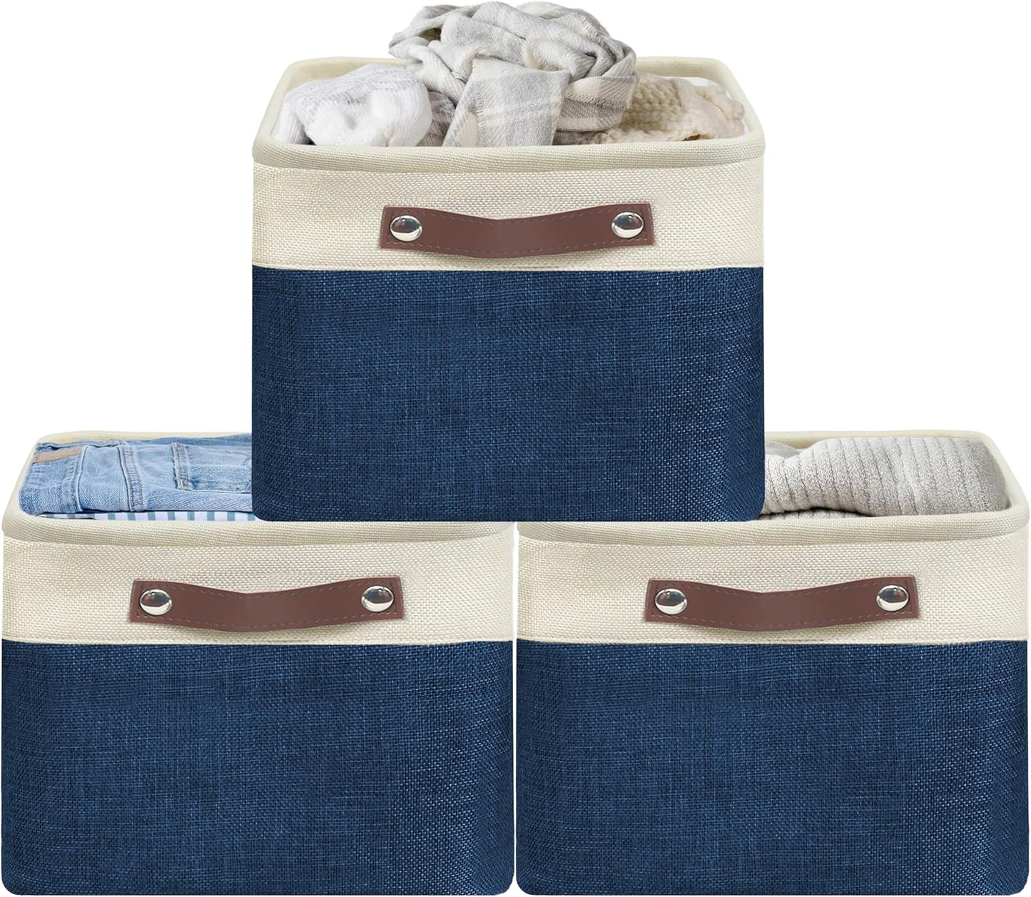 SIMPLE HOUSEWARE Large Fabric Storage Bin, 15" x 11" with Leather Like Handles, 3 Pack, Steel Blue