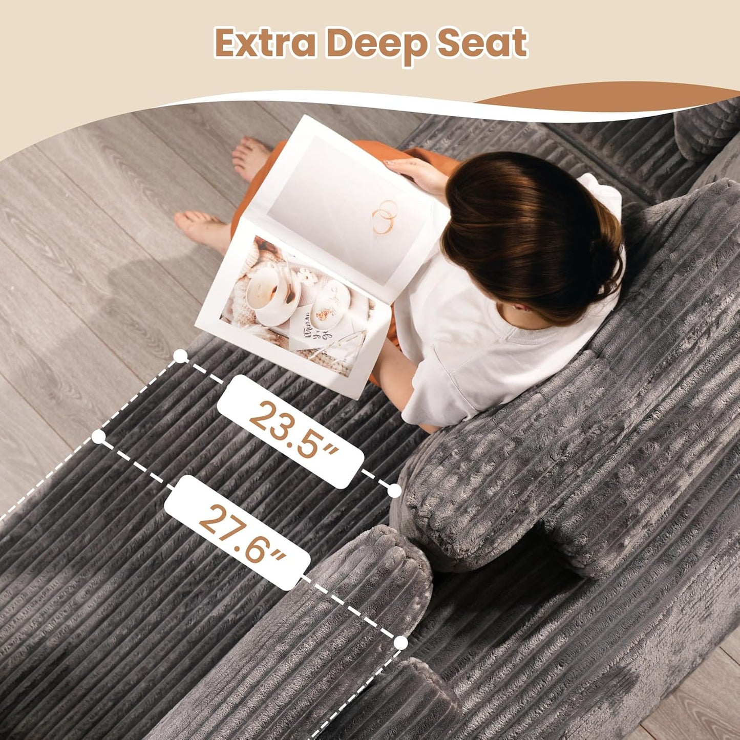 HOOOWOOO Cloud Sectional Couches for Living Room,Modular Sectional Sofa No Assembly,133X70 Inch Plush Corduroy Large U Shaped Floor Couch Set with Deep Seat Chaise Ottoman(Gray)